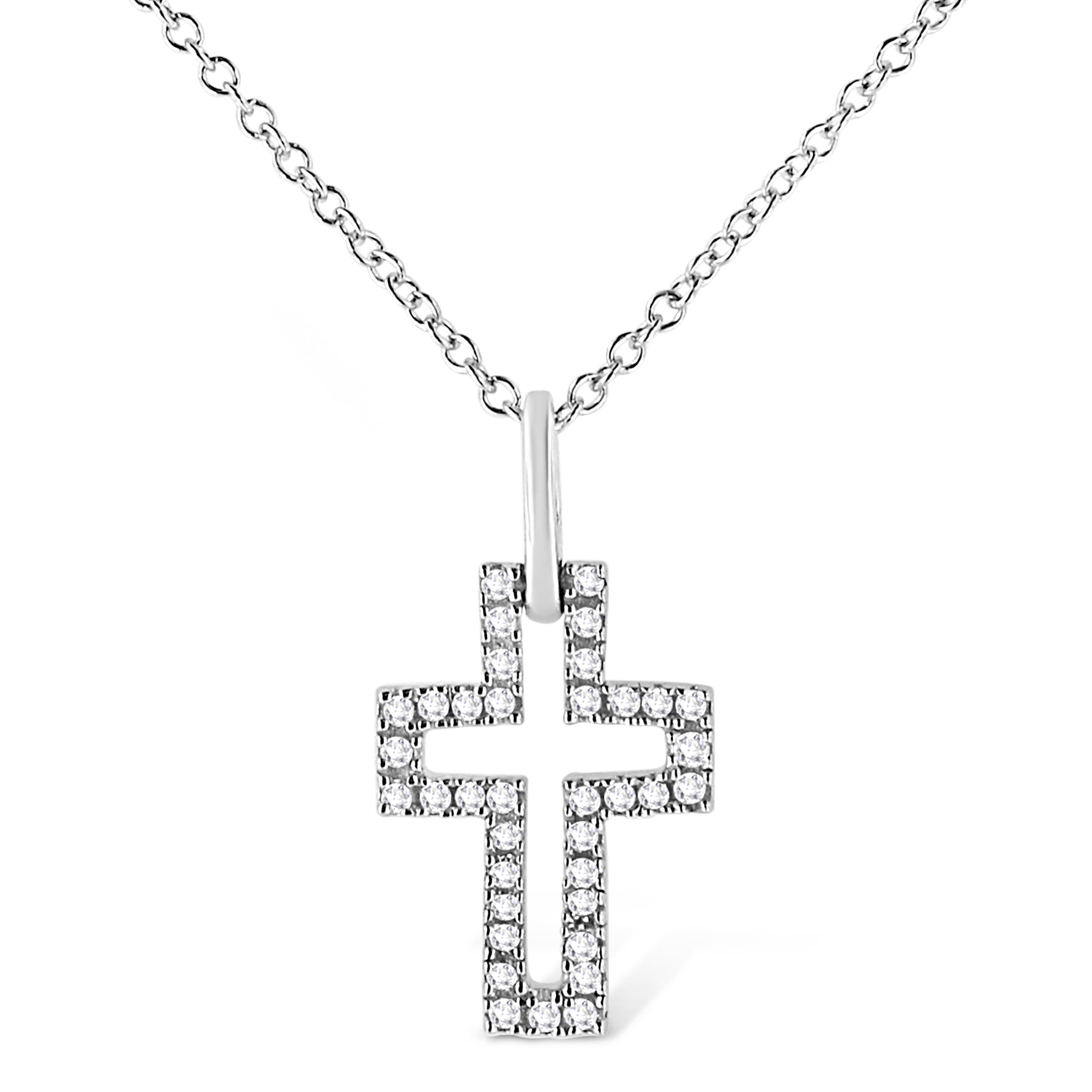 .925 Sterling Silver 1/10 Cttw Pave-Set Round-Cut Diamond Open Cross 18" Pendant Necklace (I-J Color, I1-2 Clarity)