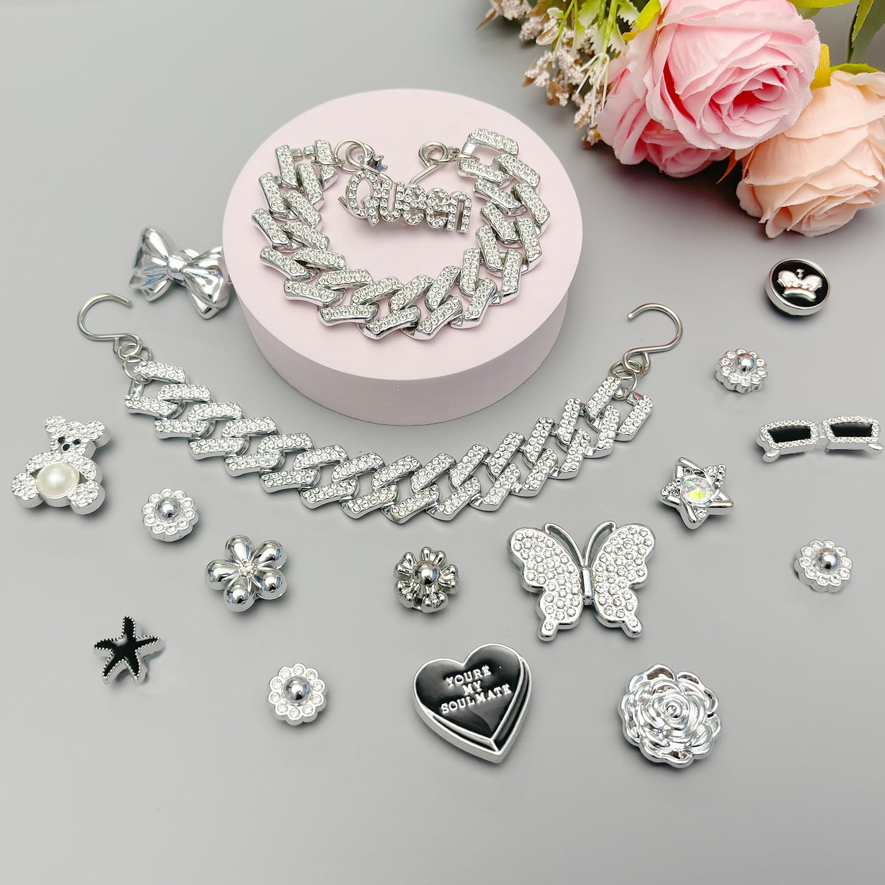 18Pcs Flower Shoe Chain Charms for Women, Bling Shoe Charms for Girls Clog Sandals, Girly Shoe Chains, DIY Shoe Decoration Accessories for Party Favor
