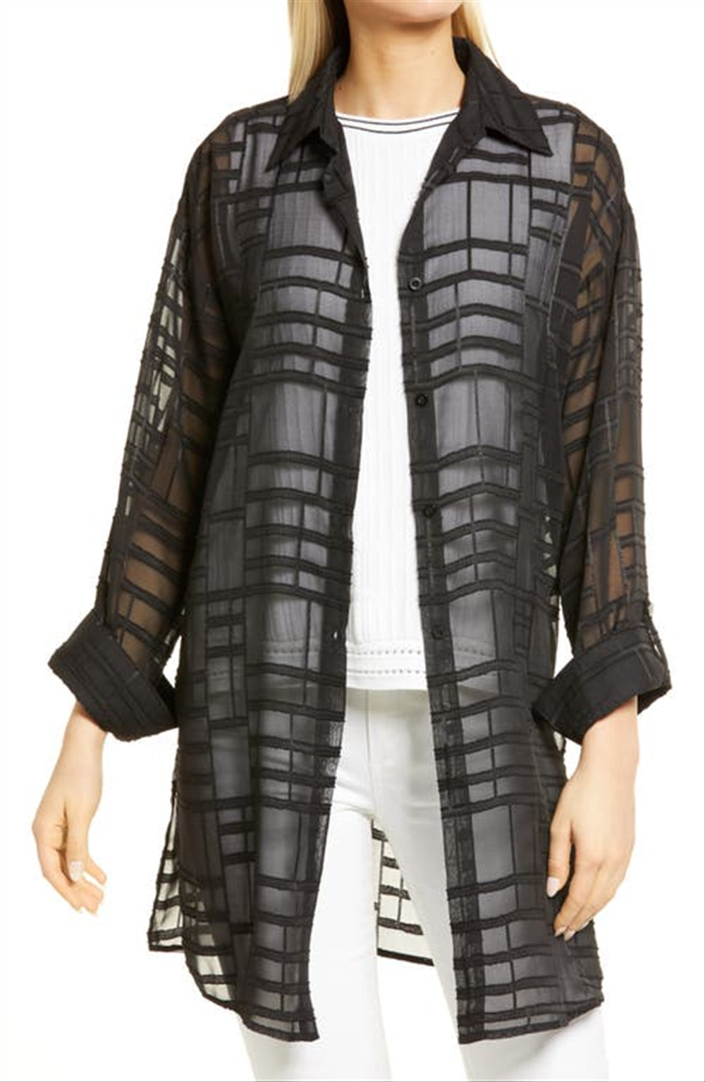 Ming Wang Black Sheer Tunic Blouse, Geo Texture, Size Large by Steals