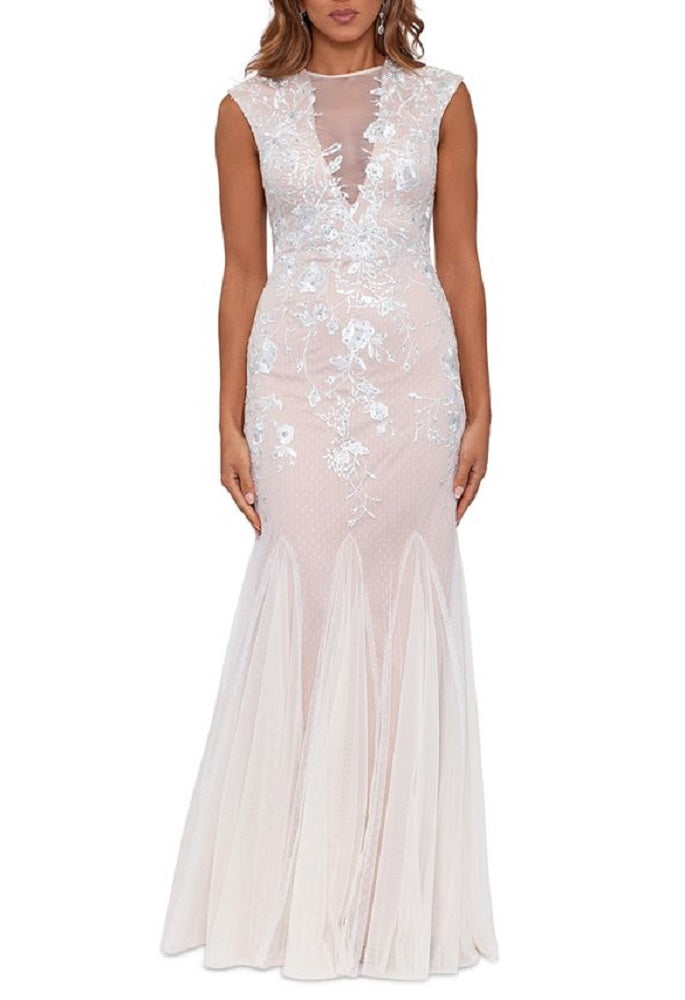 Betsy & Adam Women's Embroidered Mesh Gown White Size 10 by Steals