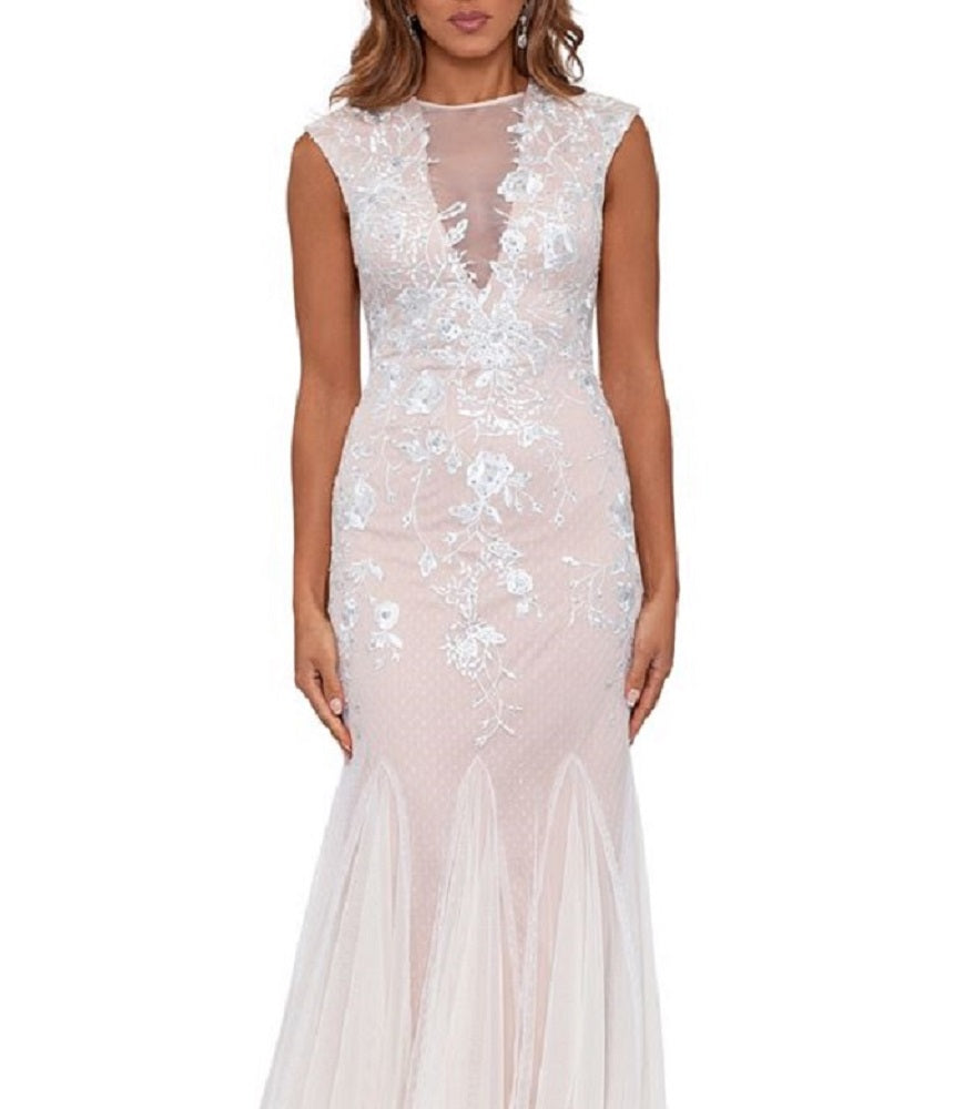 Betsy & Adam Women's Embroidered Mesh Gown White Size 10 by Steals