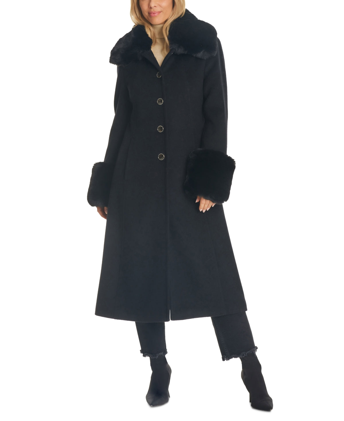 Vince Camuto Women's Black Faux Fur Trimmed Coat Size M by Steals
