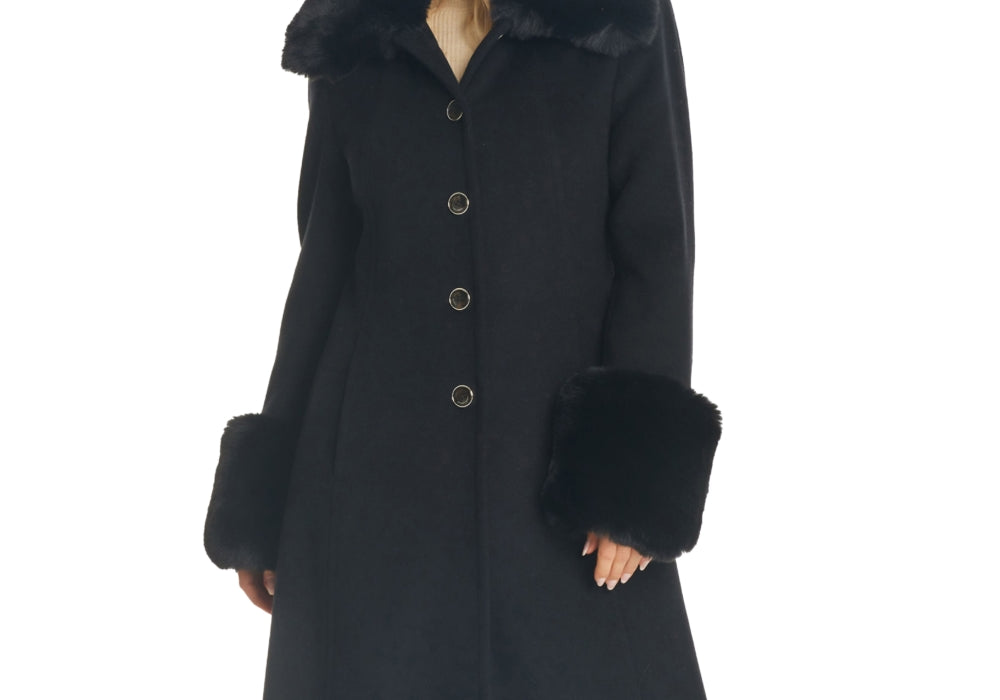 Vince Camuto Women's Black Faux Fur Trimmed Coat Size M by Steals