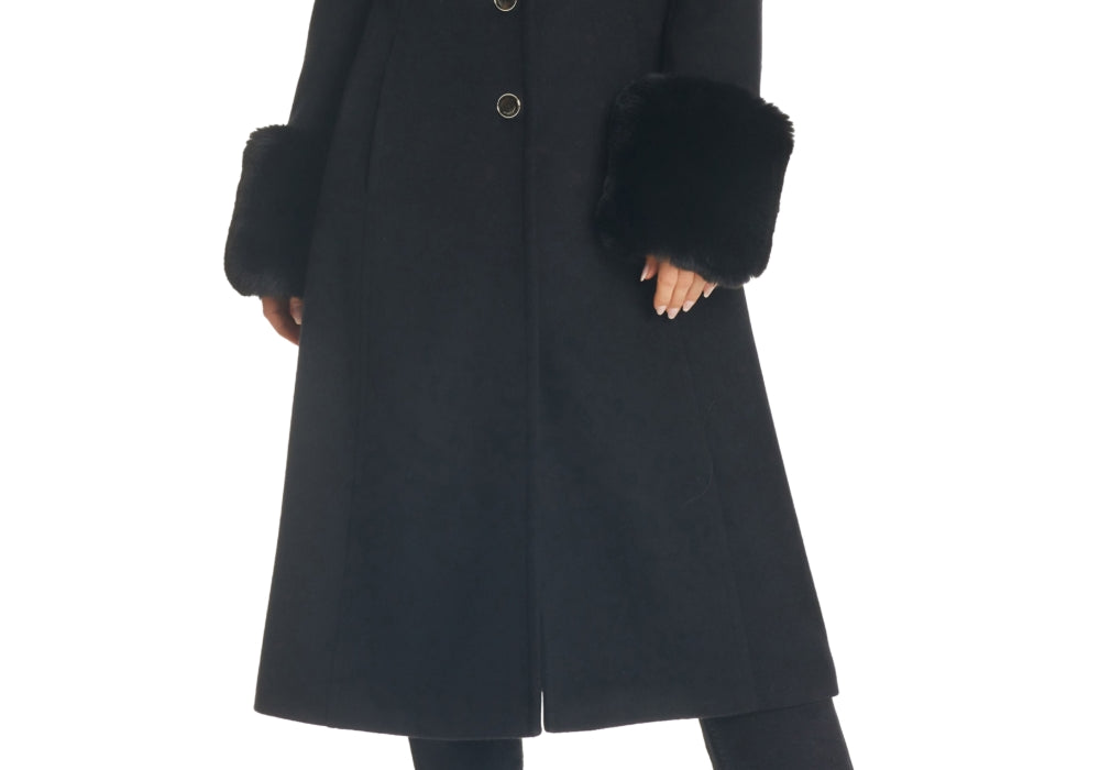 Vince Camuto Women's Black Faux Fur Trimmed Coat Size M by Steals