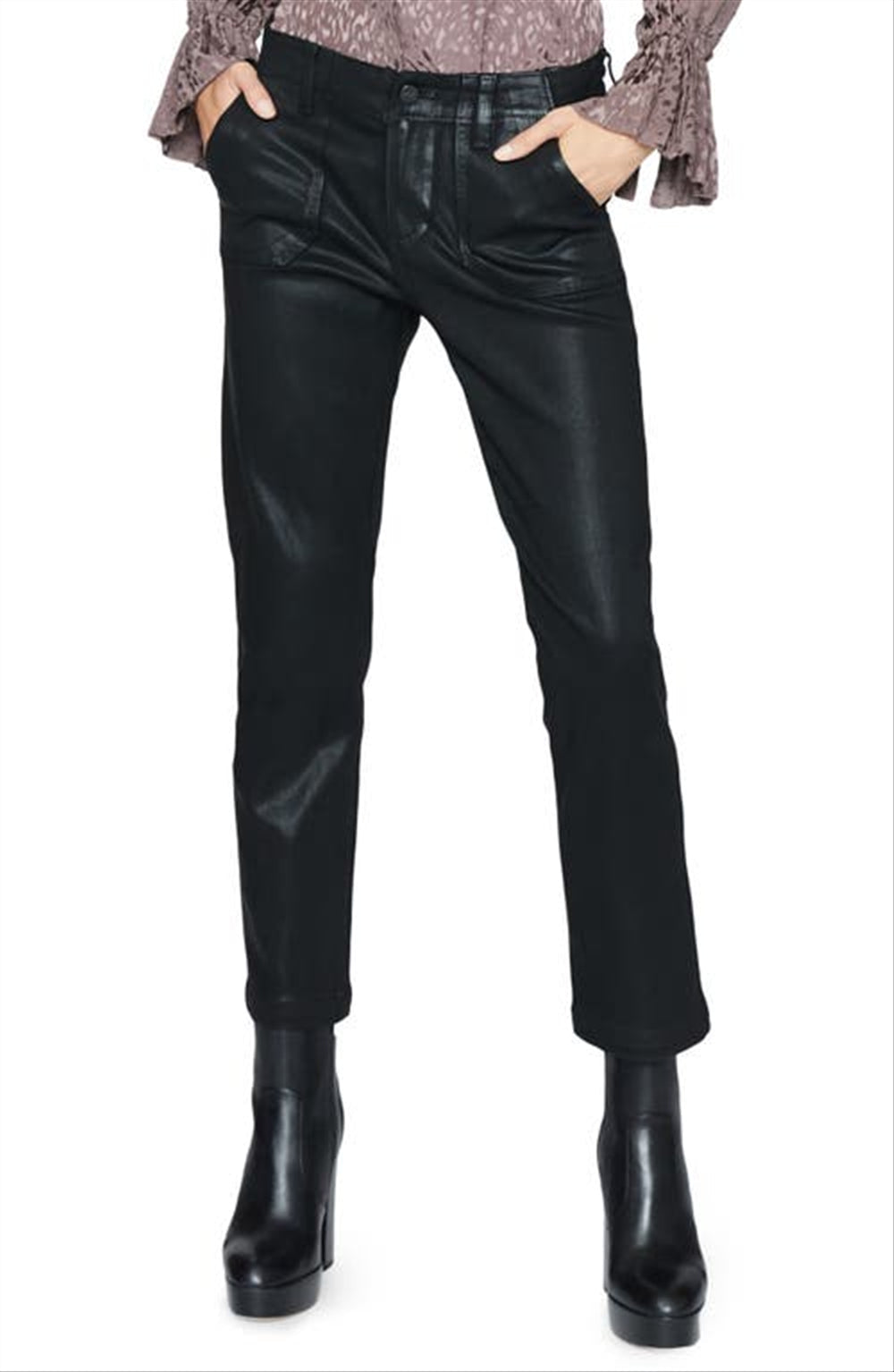 PAIGE Mayslie Coated Ankle Straight Leg Pants in Black Luxe Coating , Size 29 Black Size 29-28 by Steals