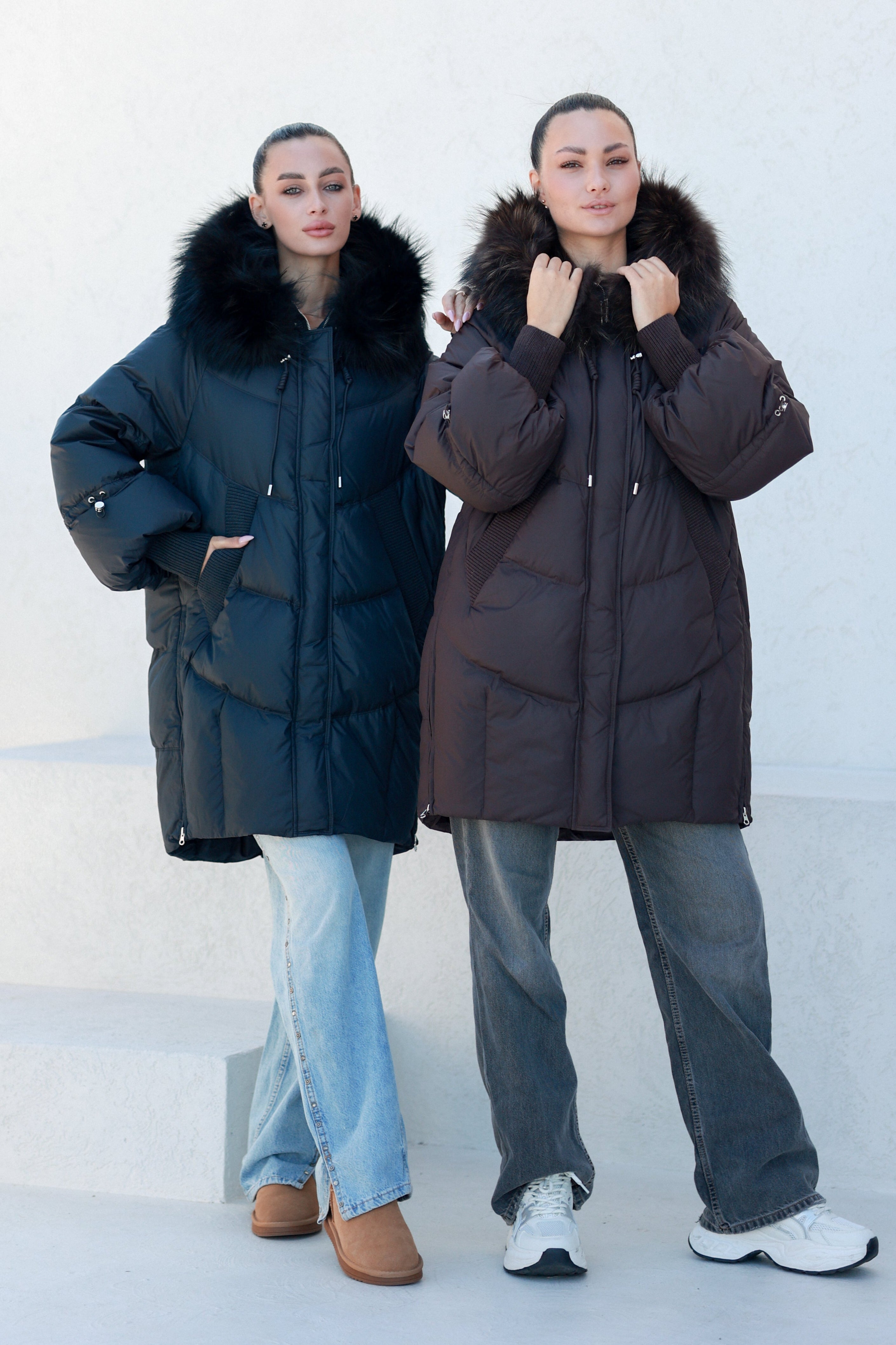 Celeste Genuine Fur Trim Down Fill Coat in Fig