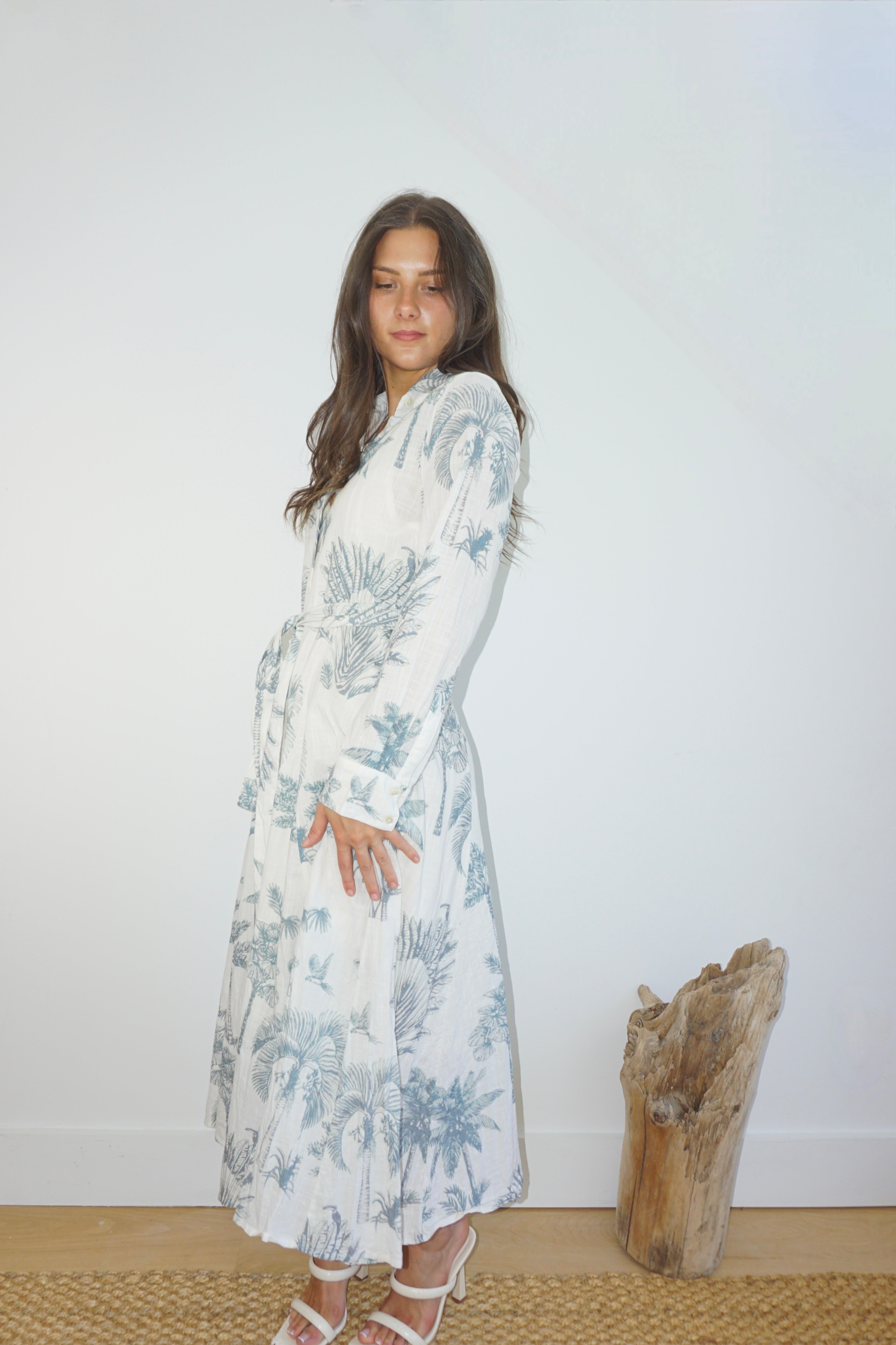 Sierra Dress in Faded Teal Palms