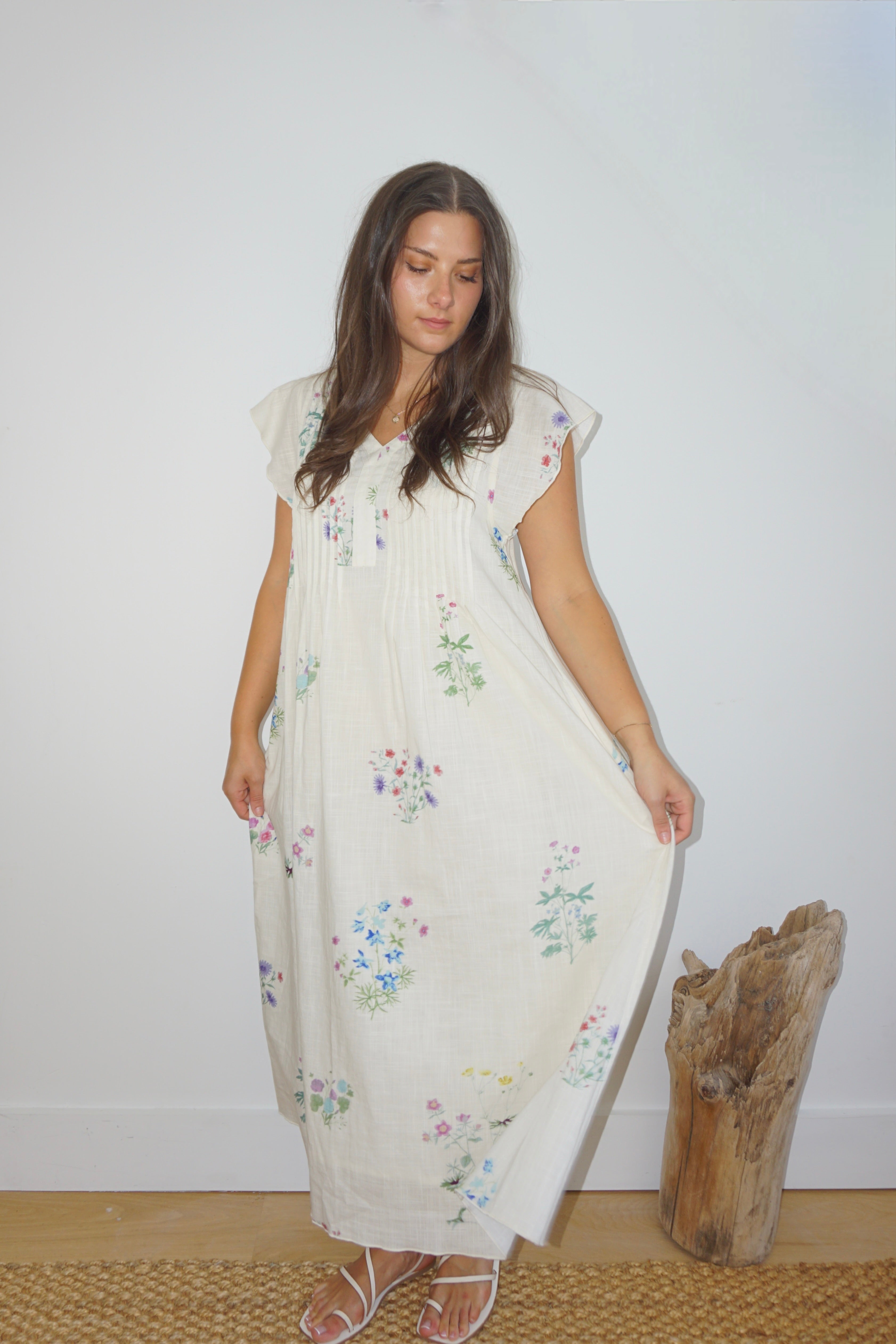 Doris Midi Dress in Cream Botanical