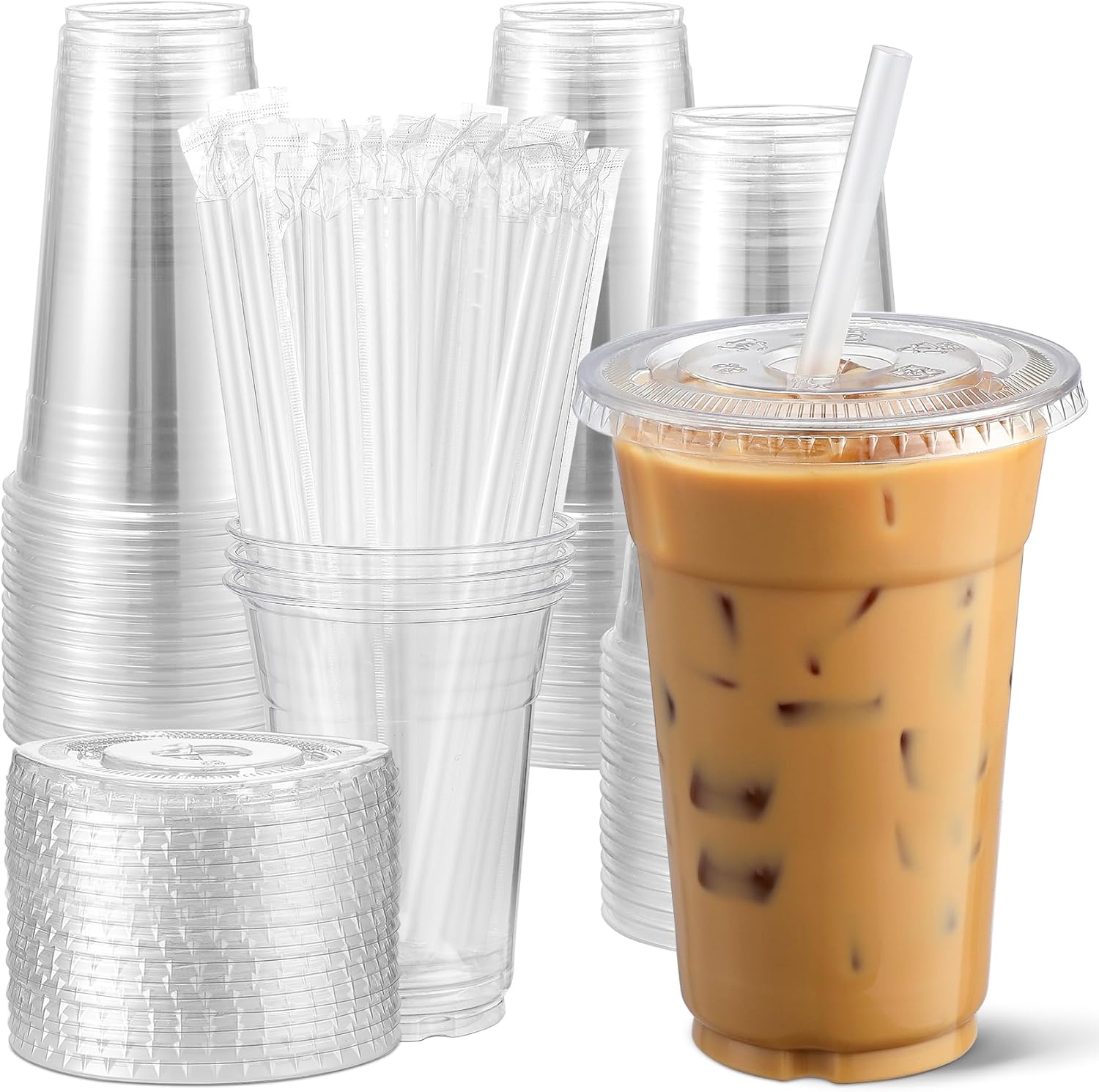 100 Pack, 16 Oz Plastic Cups With Lids and Straws, Iced Coffee Cups With Lids Disposable Clear Cups With Lids - for Iced Coffee, Smoothie, Milkshake and Cold Drinks