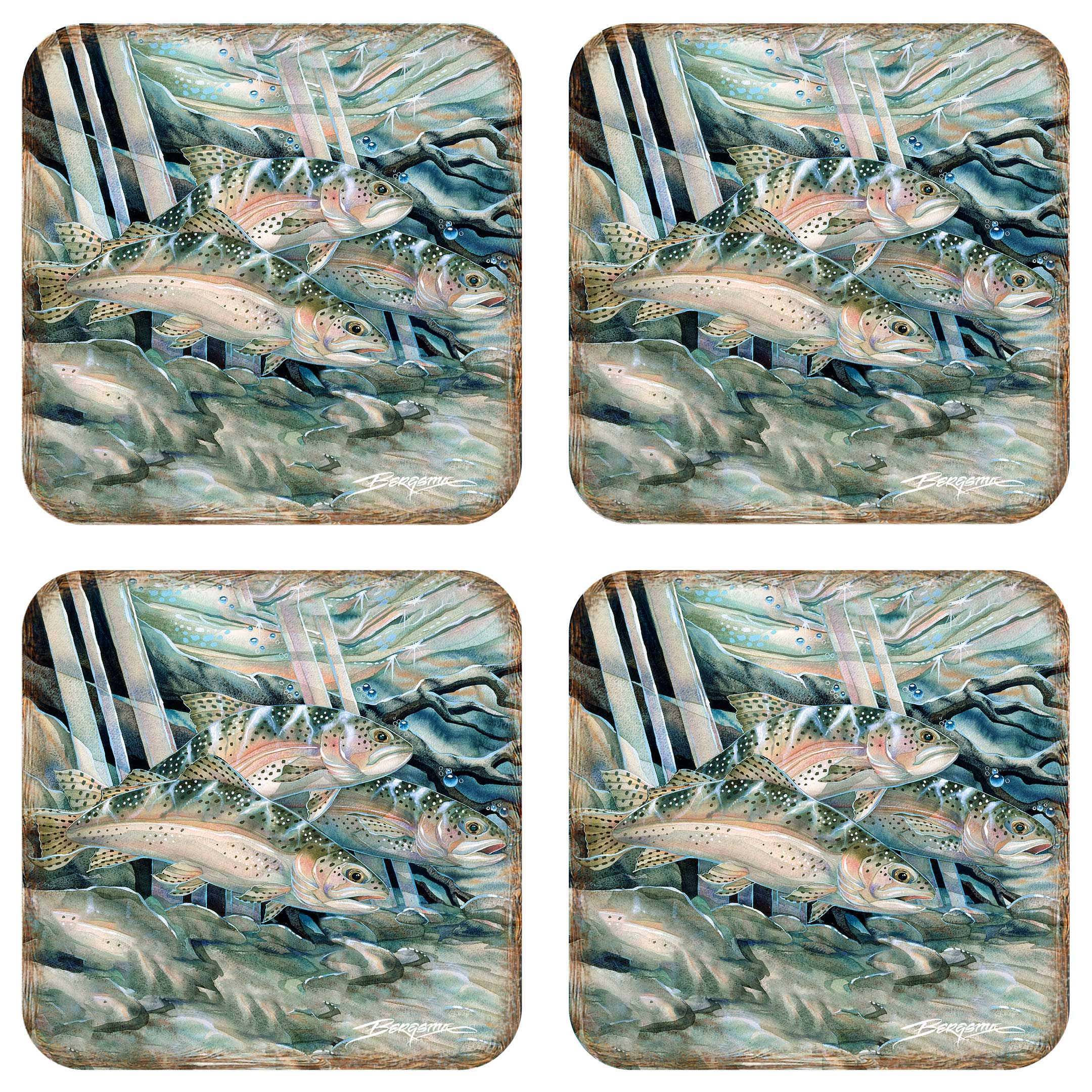 Catch the Rainbow Trout Wooden Cork Coasters Gift Set of 4 by J. Bergsma - Coastal Wildlife Decor - 8199463C-S4