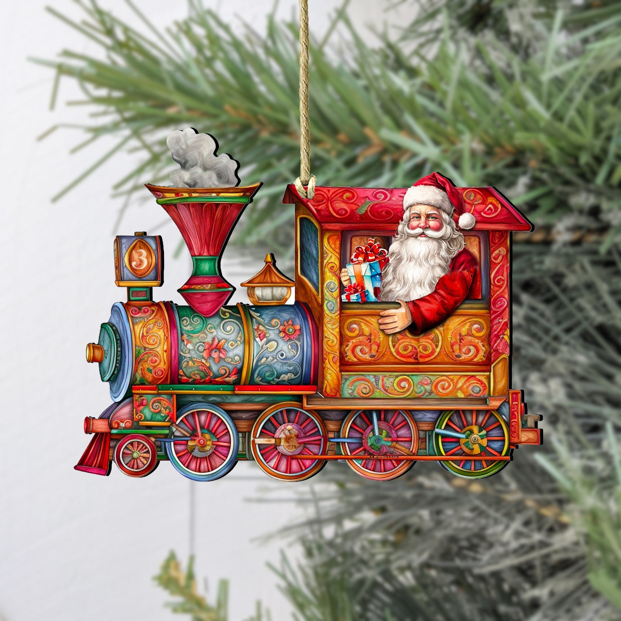 Santa's Train Wooden Ornaments by G. Debrekht Christmas Santa Snowman Decor - 8611090