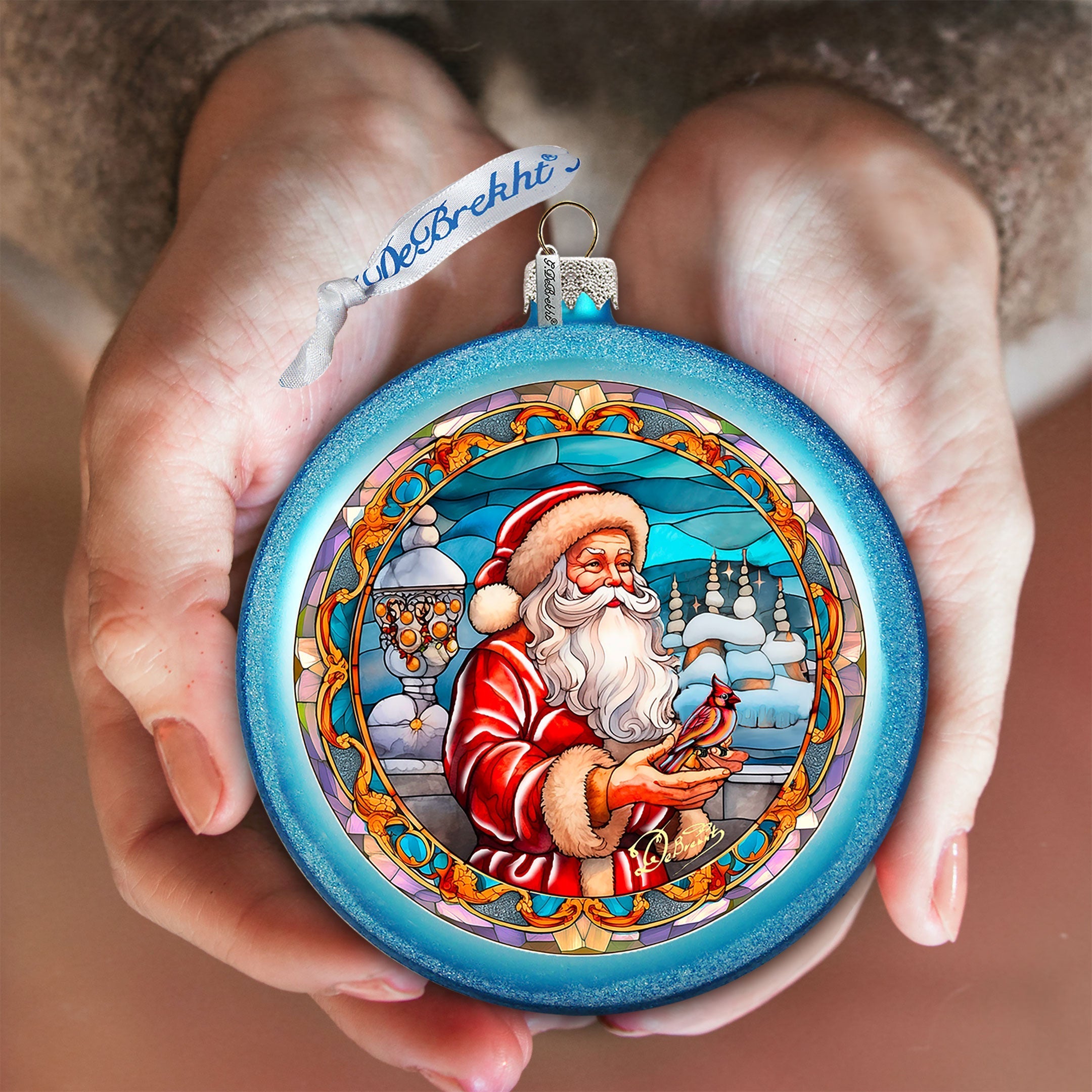 Santa's Red-feathered Friend Glass Ornament by G. DeBrekht - Christmas Santa Snowman Decor - 744-046