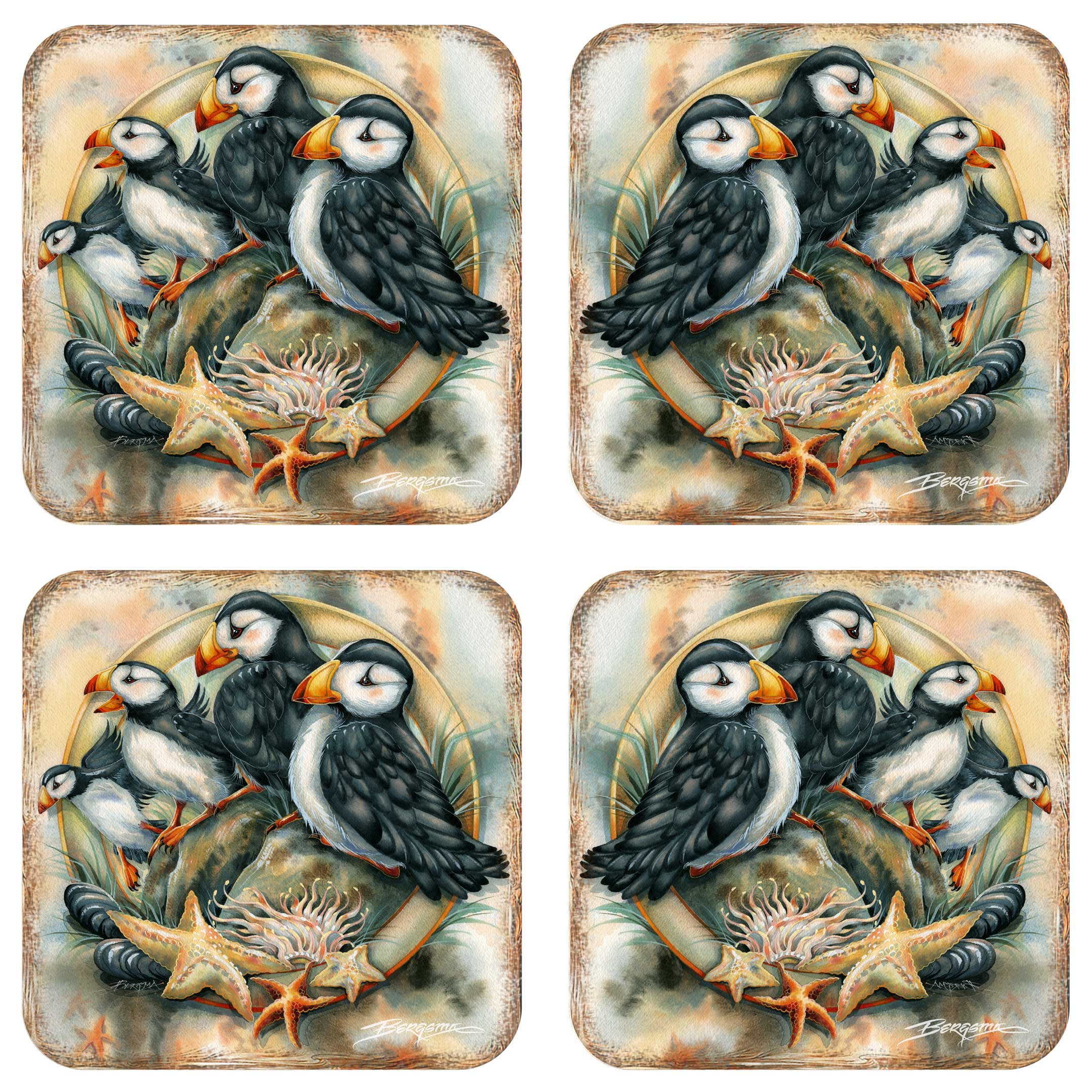 Puffins Wooden Cork Coasters Gift Set of 4 by J. Bergsma - Coastal Wildlife Decor - 8199462C-S4