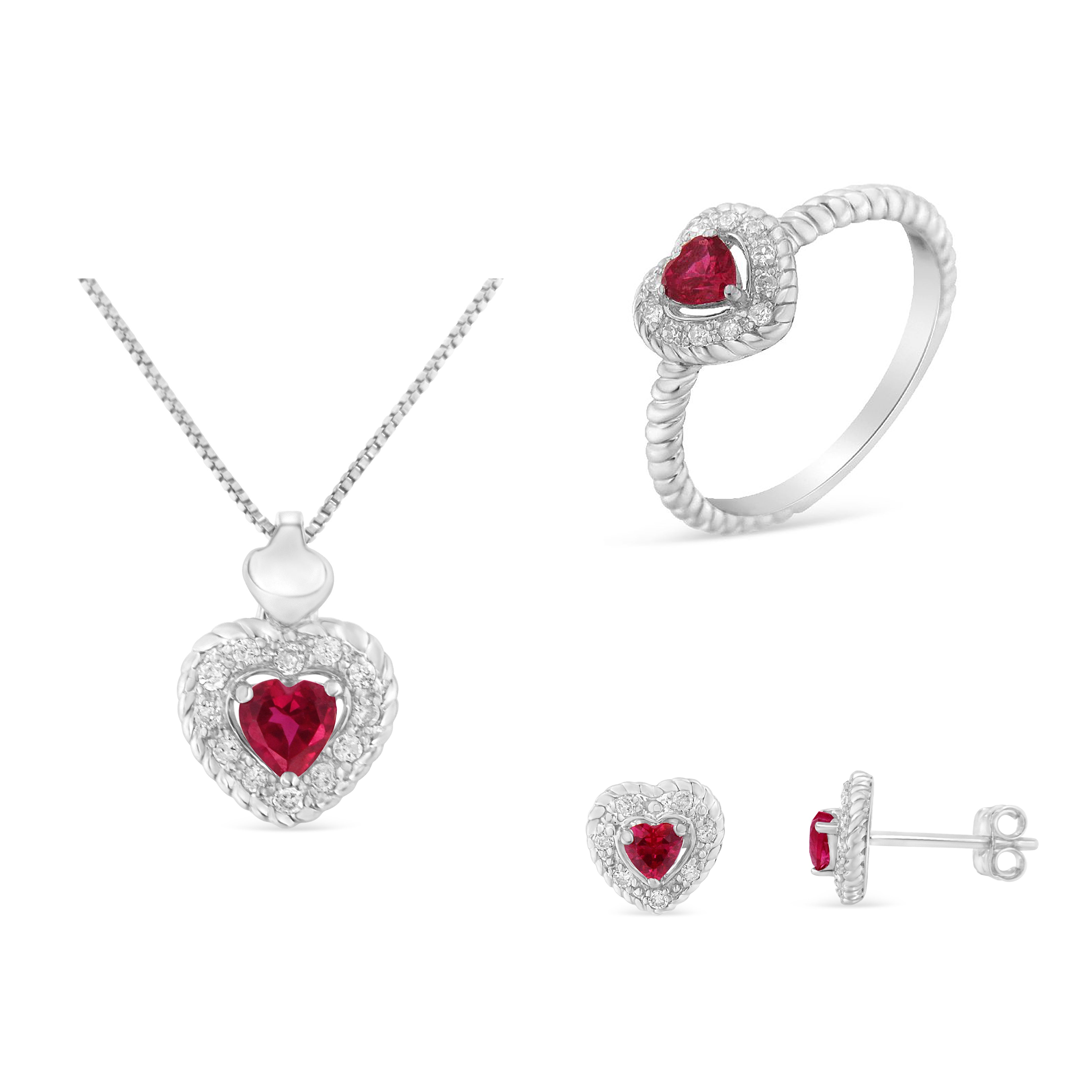 .925 Sterling Silver, ¾ Cttw Lab-Created Ruby, 1/4 Cttw Diamond Heart Ring, Earrings, And Pendant Necklace Set (I-J Color, I2-I3 Clarity) - Size 7.5