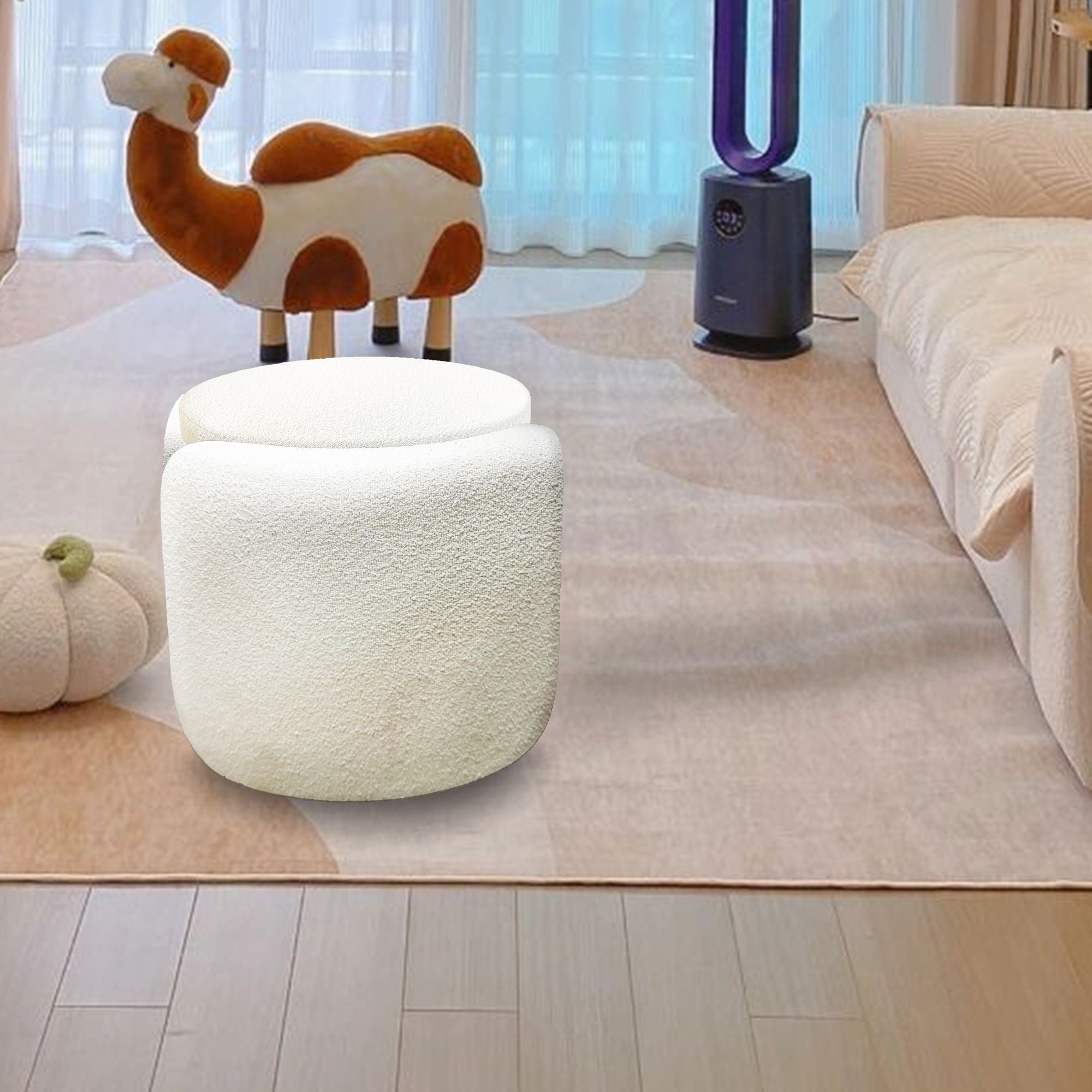 1pc 19.69"Faux Fur Pouf Ottoman Modern Boucle Upholstered With Storage, Multifunctional Upholstered Vanity Chairs For Makeup, Soft Padded Seat With Removable Lid