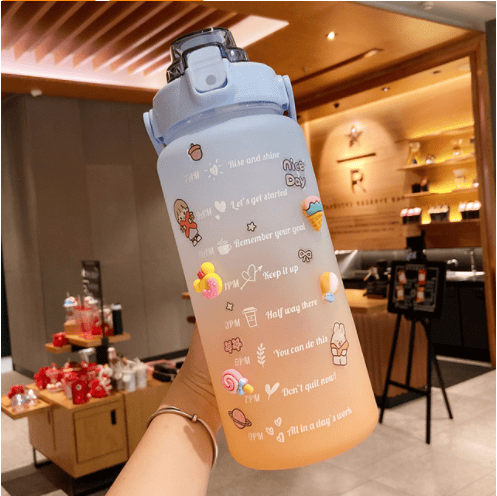 2 Liter Water Bottle With Straw Motivational Water Jug Plastic Frosted Bottles With Time Marker Outdoor Sports Water Bottles Cup