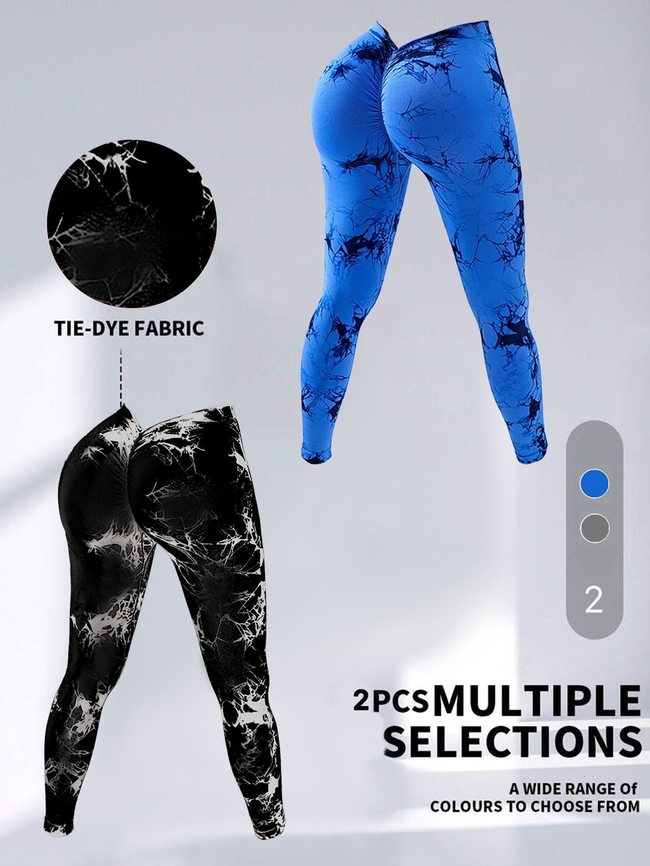 2 Pack Tie-Dye High Waist V-Back Yoga Leggings, Peach-Hip Enhancing Athleisure Tights, Sport Style Fitness Pants