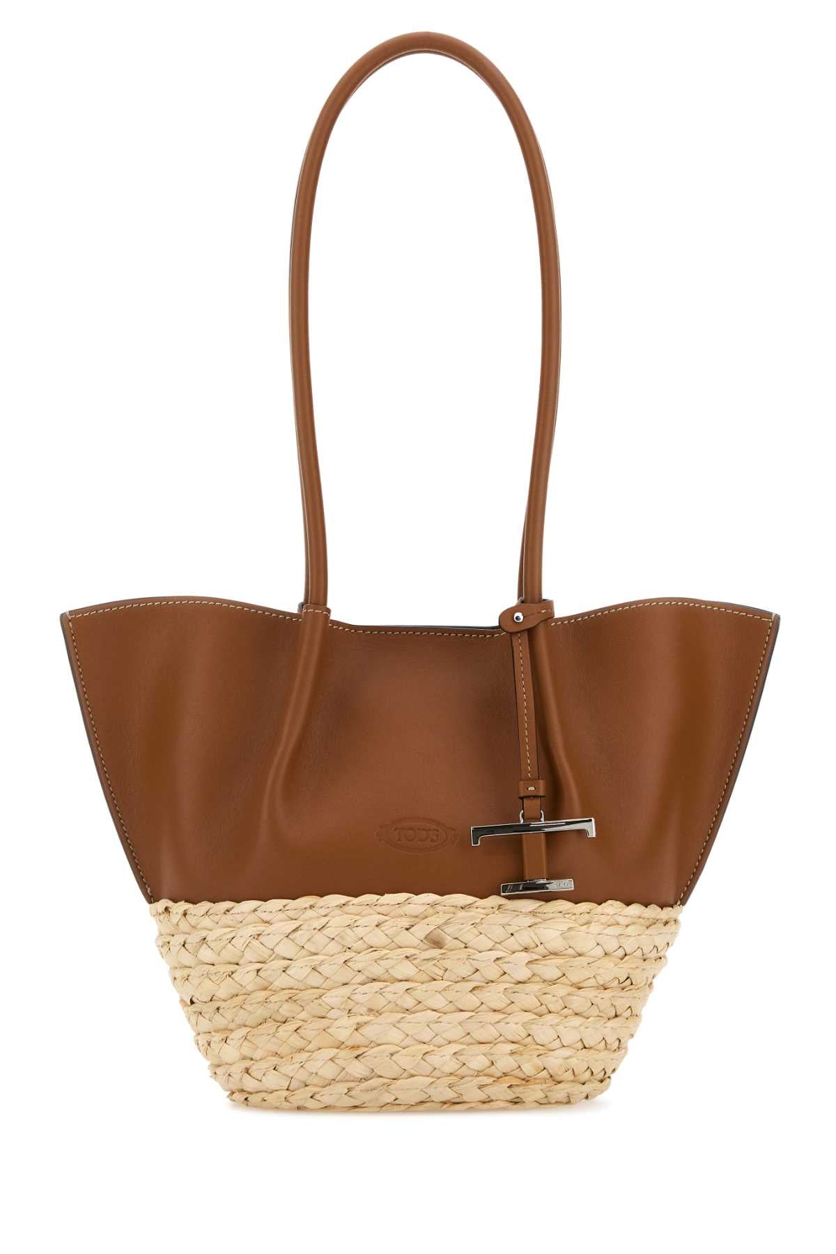 Tod's Women Two-Tone Leather And Raffia Small Shopping Bag