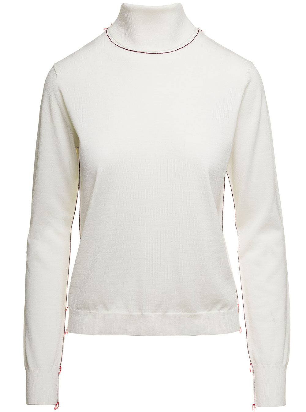 Maison Margiela Women White High Neck Sweater With Contrasting Stitching In Wool Woman