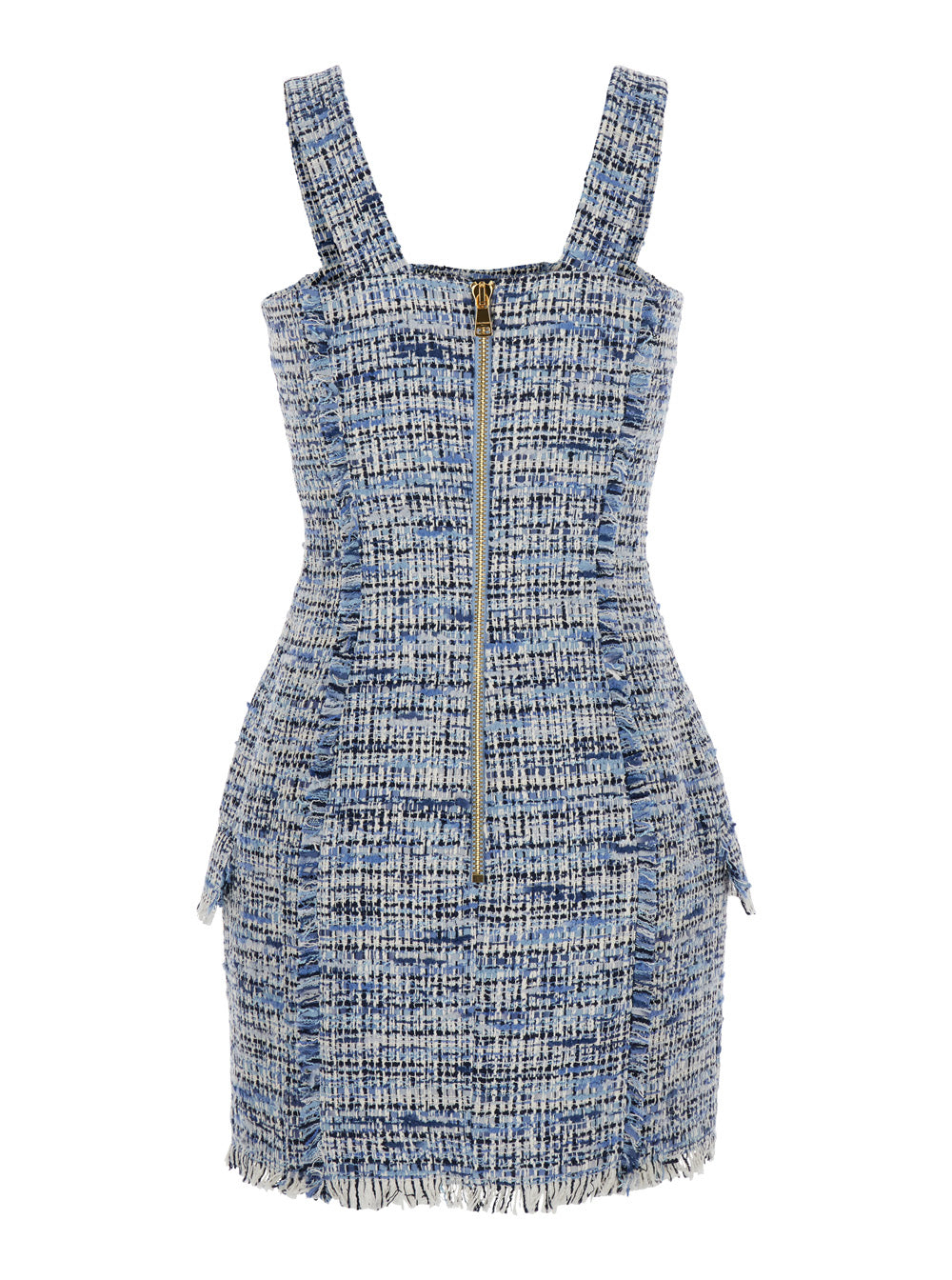 Balmain Women Blue Dress With Frayed Details In Tweed Woman