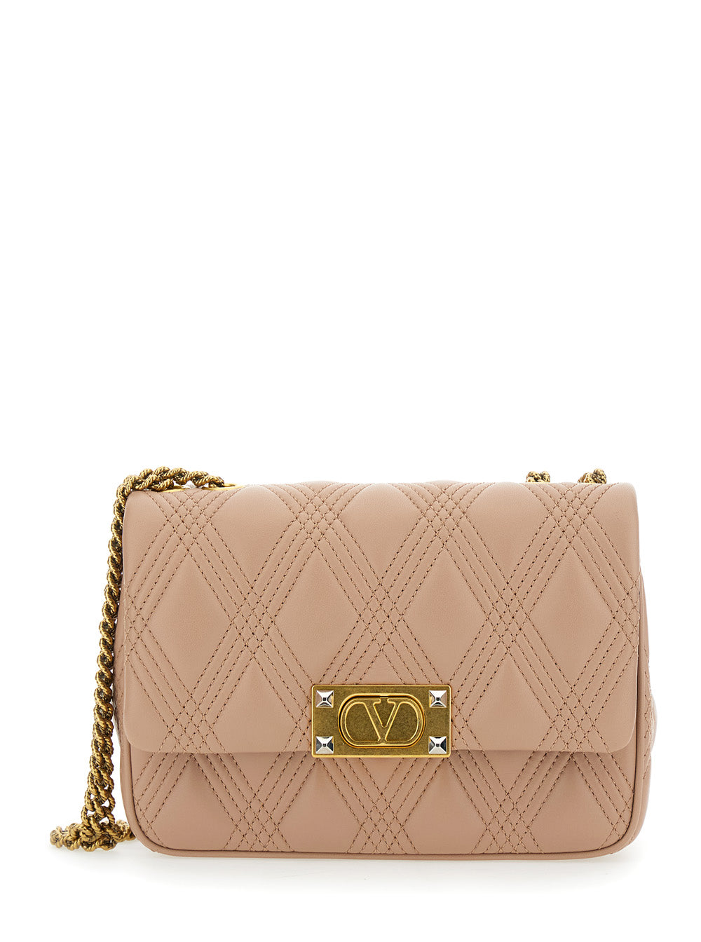 Valentino Garavani Women 'Quiltie 67' Pink Shoulder Bag With Vlogo Metallic Plate On The Front In Quilted Leather Woman
