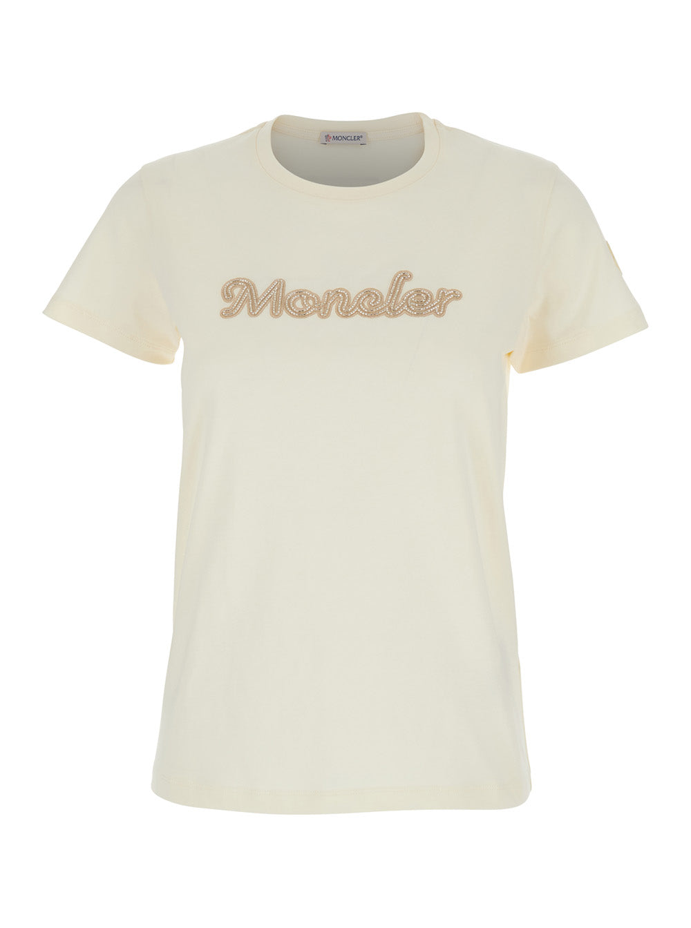 Moncler Women White T-Shirt With Embroidered Logo On The Front And Logo Patch On The Sleeve In Cotton Woman