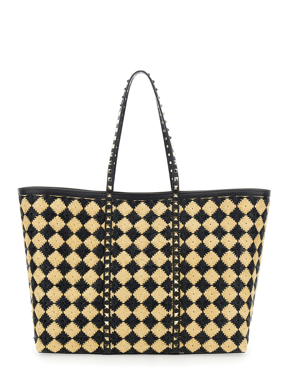 Valentino Garavani Women Beige Shopper With All-Over Diamond Pattern And Applied Rockstud Studs In Synthetic Raffia Woman