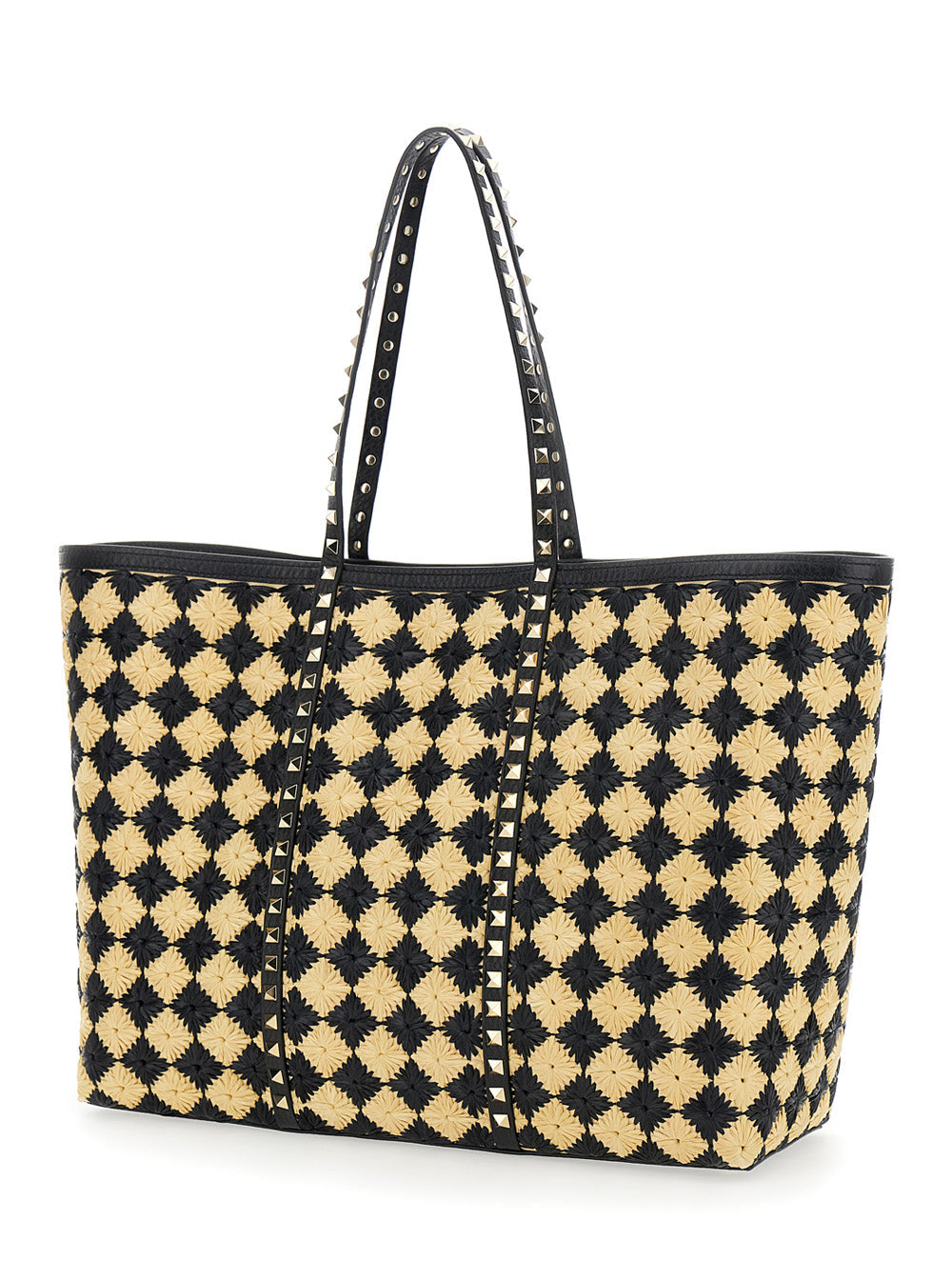 Valentino Garavani Women Beige Shopper With All-Over Diamond Pattern And Applied Rockstud Studs In Synthetic Raffia Woman