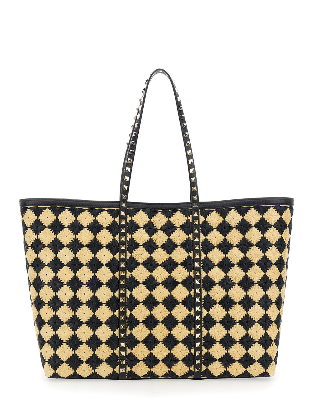 Valentino Garavani Women Beige Shopper With All-Over Diamond Pattern And Applied Rockstud Studs In Synthetic Raffia Woman