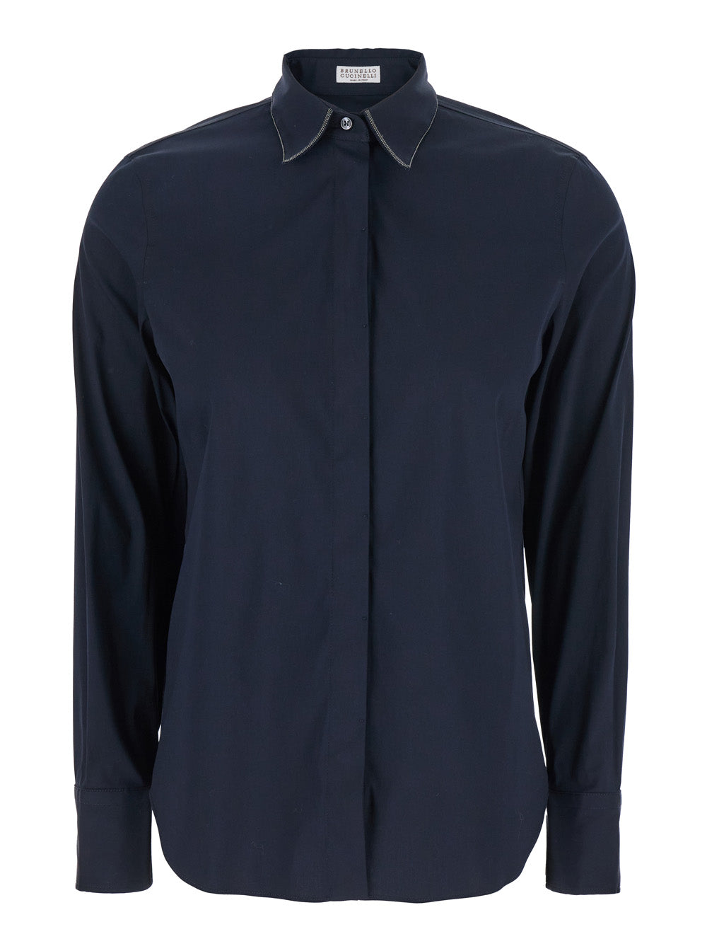 Brunello Cucinelli Women Blue Shirt With Pointed Collar And Monil Detail On The Collar In Cotton Blend Woman