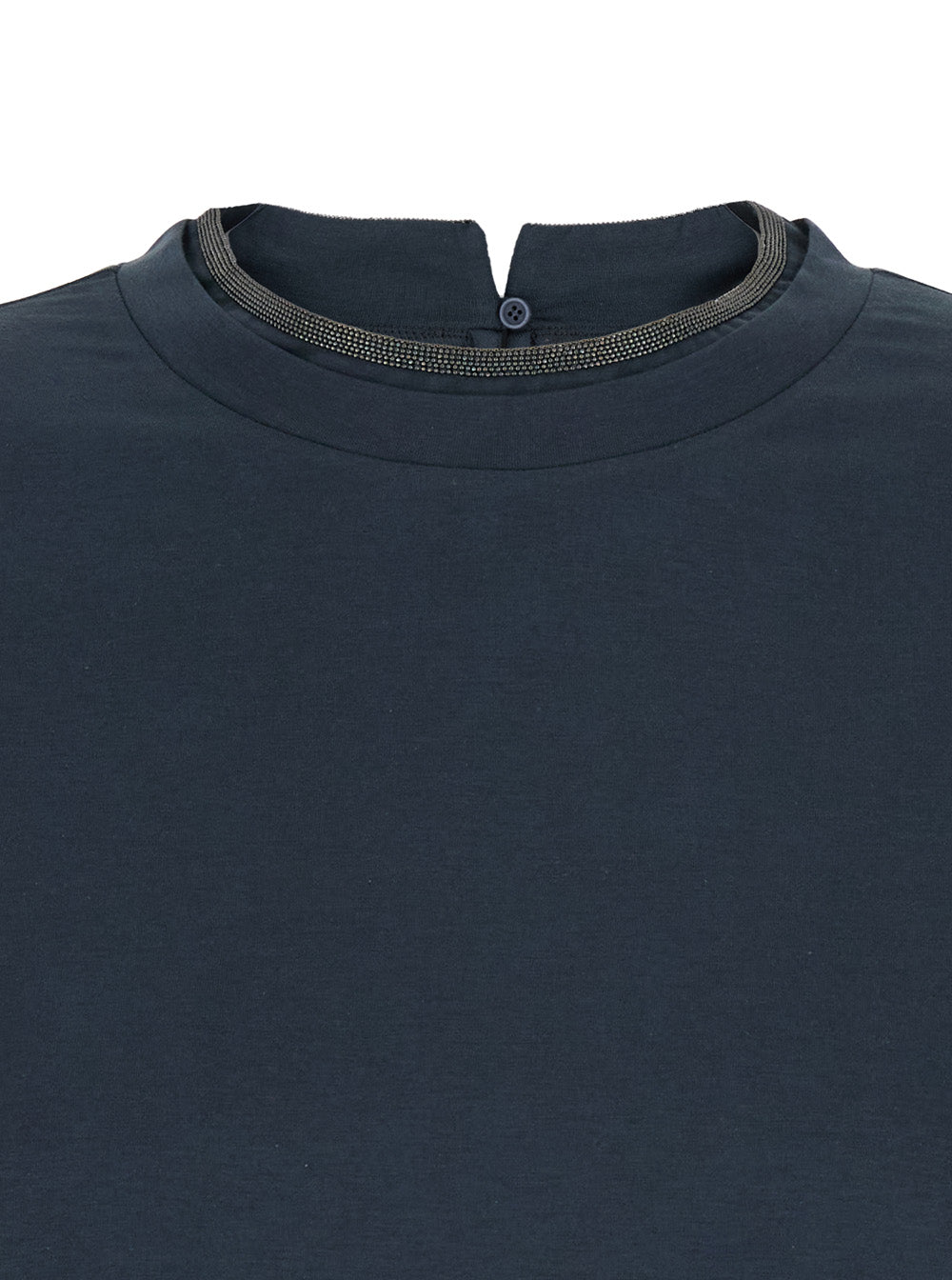 Brunello Cucinelli Women Blue Crewneck T-Shirt With Monil Detail On The Collar And Rear Cut-Out In Cotton Stretch Woman