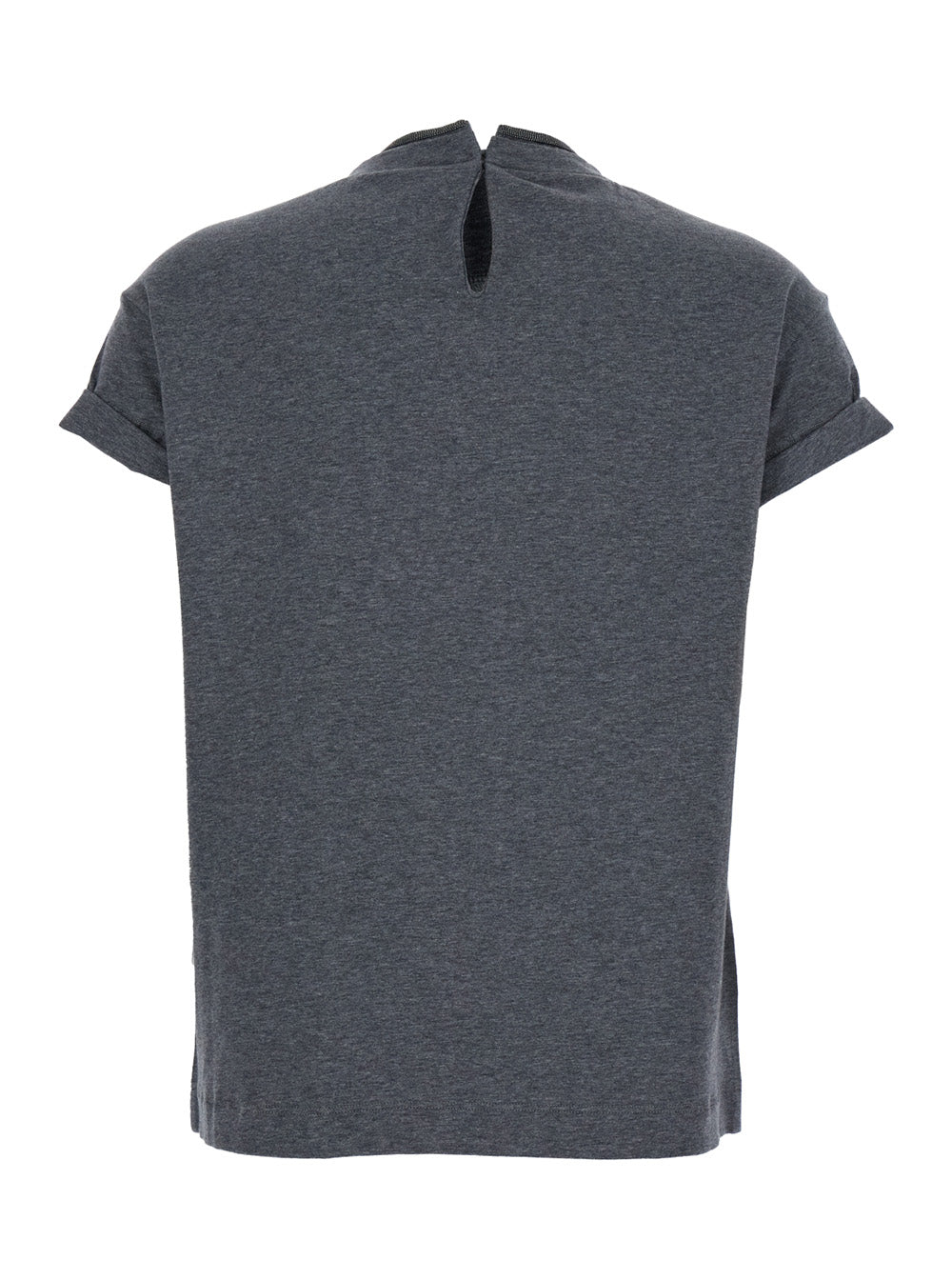 Brunello Cucinelli Women Grey Crewneck T-Shirt With Monil Detail On The Collar And Rear Cut-Out In Cotton Stretch Woman