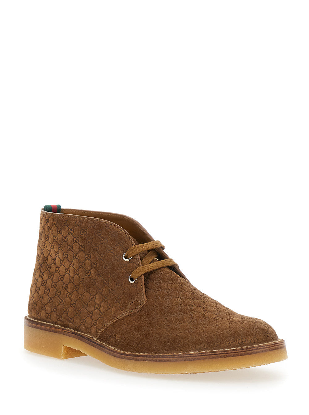 Gucci Men Brown Ankle Boots With Web Detail On The Heel And Low Heel In Gg Suede Man