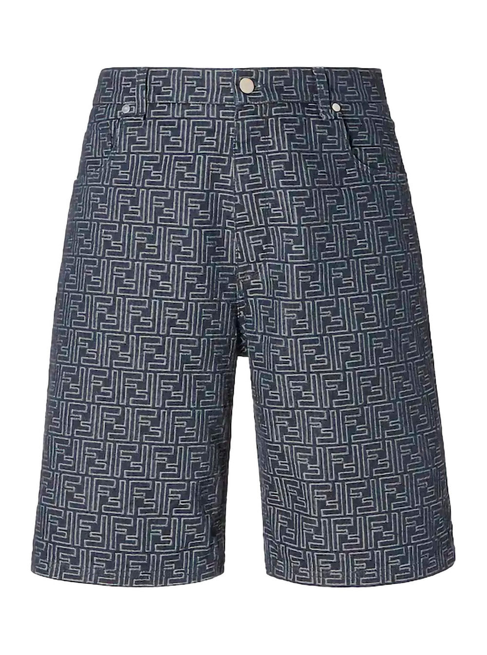 Fendi Men Blue Bermuda With Belt Loops And All-Over Ff Motif In Cotton Man