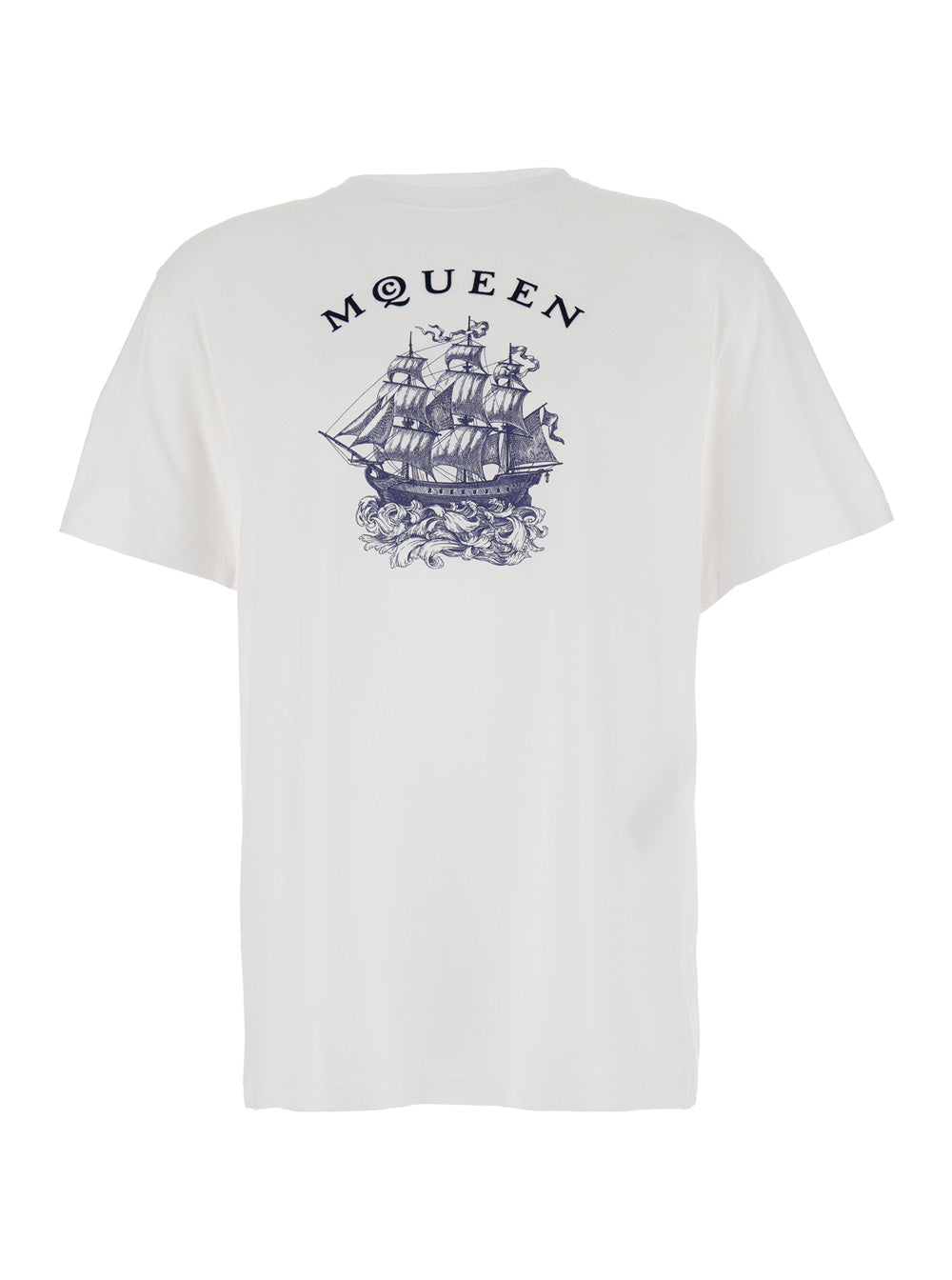 Alexander Mcqueen Men White Crewneck T-Shirt With Logo Print On The Front In Cotton Man