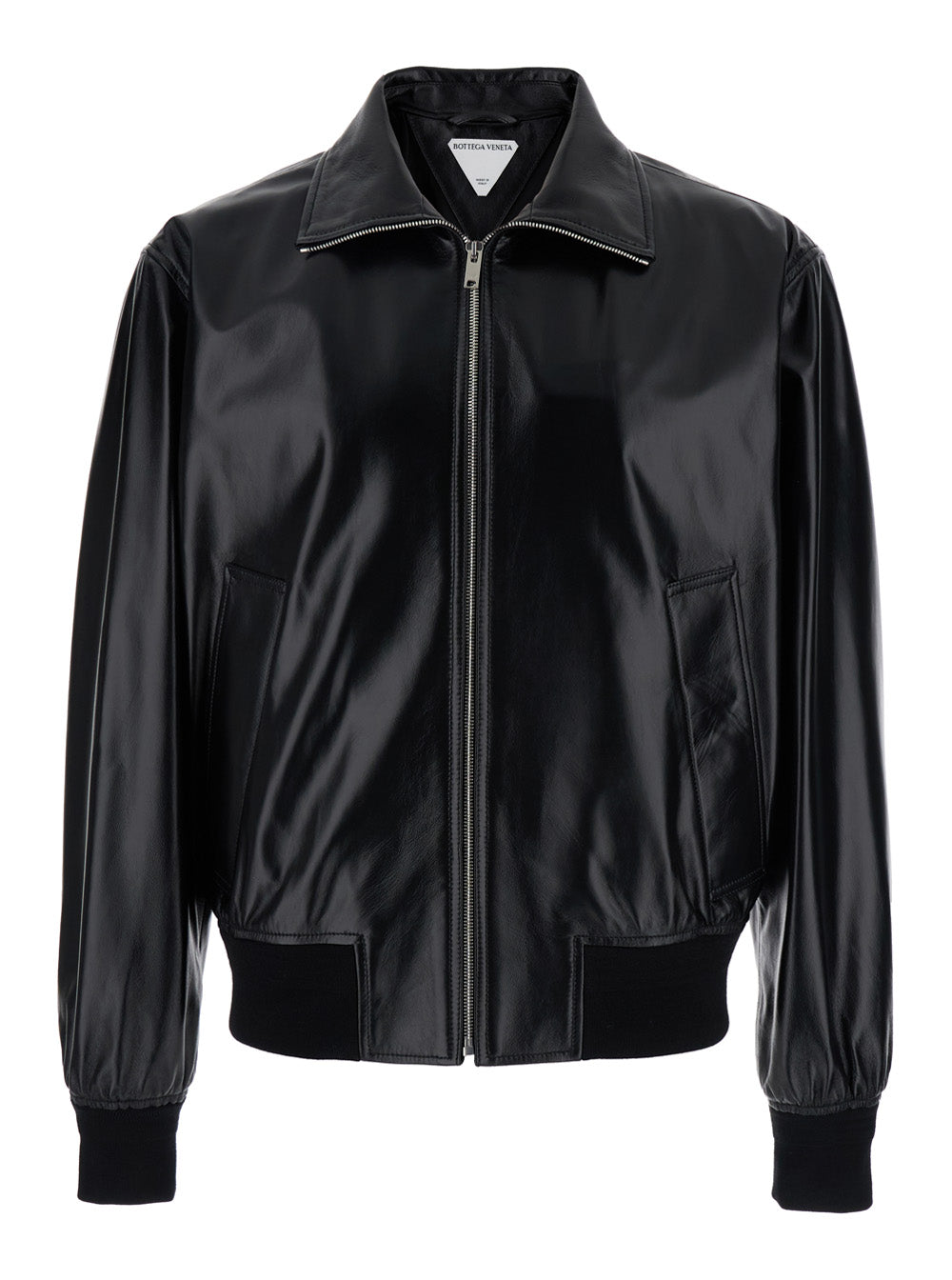 Bottega Veneta Men Black Bomber Jacket With Two Front Welt Pockets In Leather Man