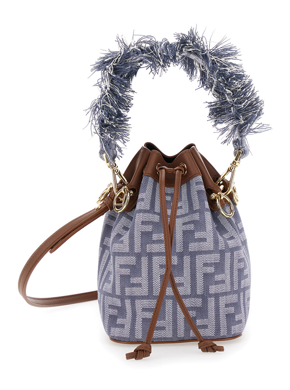 Fendi Women 'Mon Tresor' Blue Mini Handbag With Fringed Handle And Adjustable And Removable Shoulder Strap In Cotton Bòemd Woman