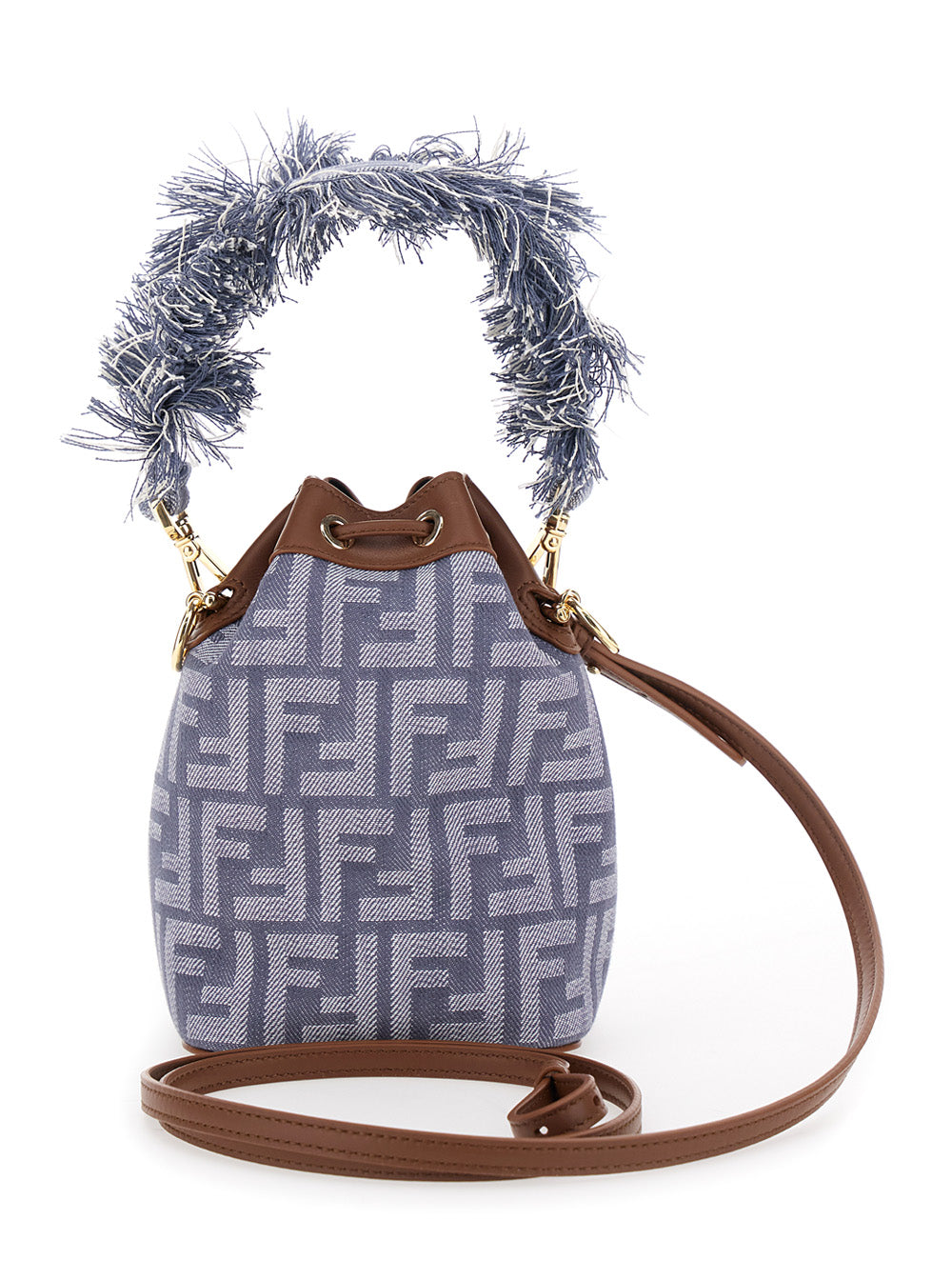 Fendi Women 'Mon Tresor' Blue Mini Handbag With Fringed Handle And Adjustable And Removable Shoulder Strap In Cotton Bòemd Woman