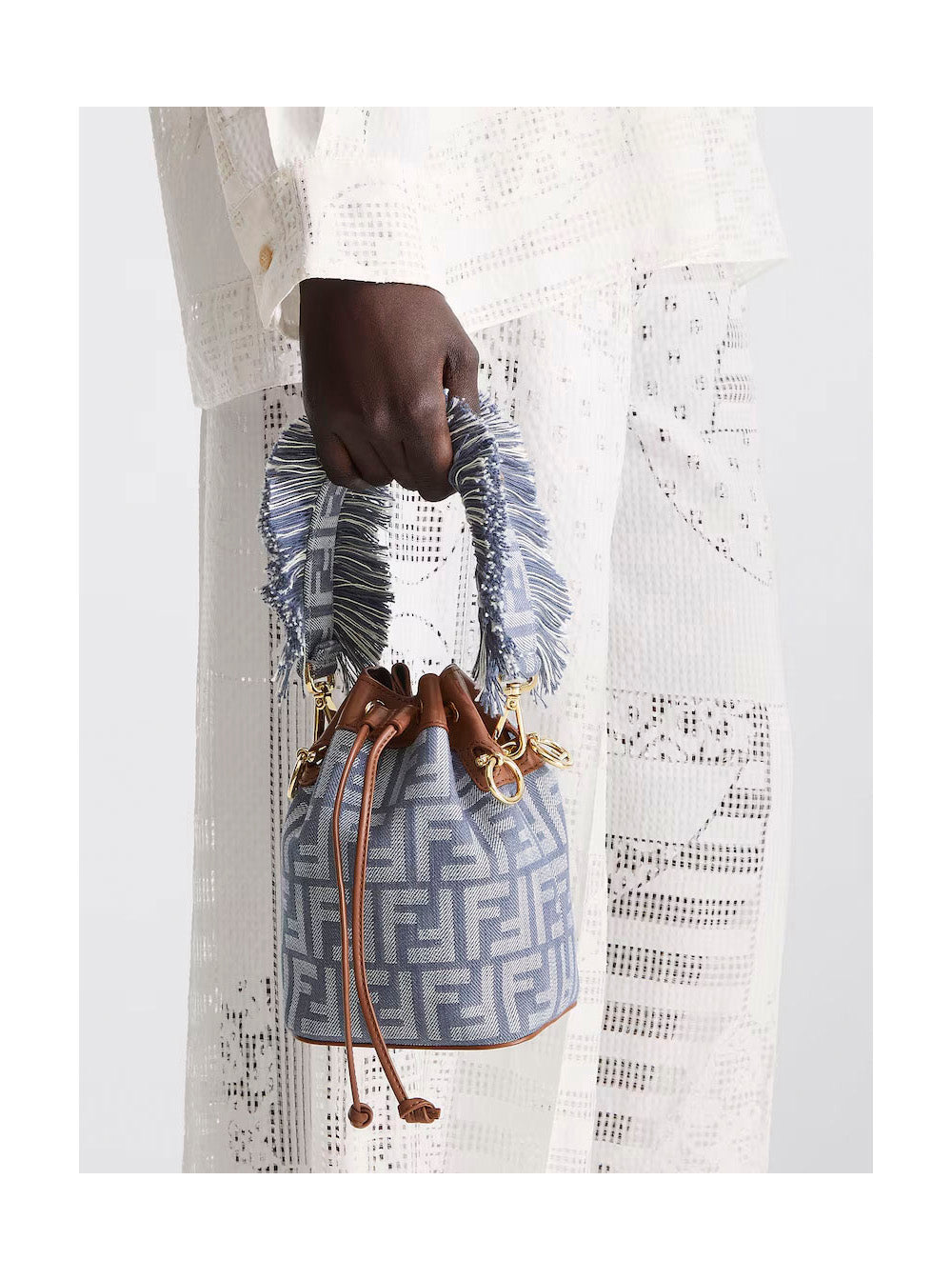 Fendi Women 'Mon Tresor' Blue Mini Handbag With Fringed Handle And Adjustable And Removable Shoulder Strap In Cotton Bòemd Woman