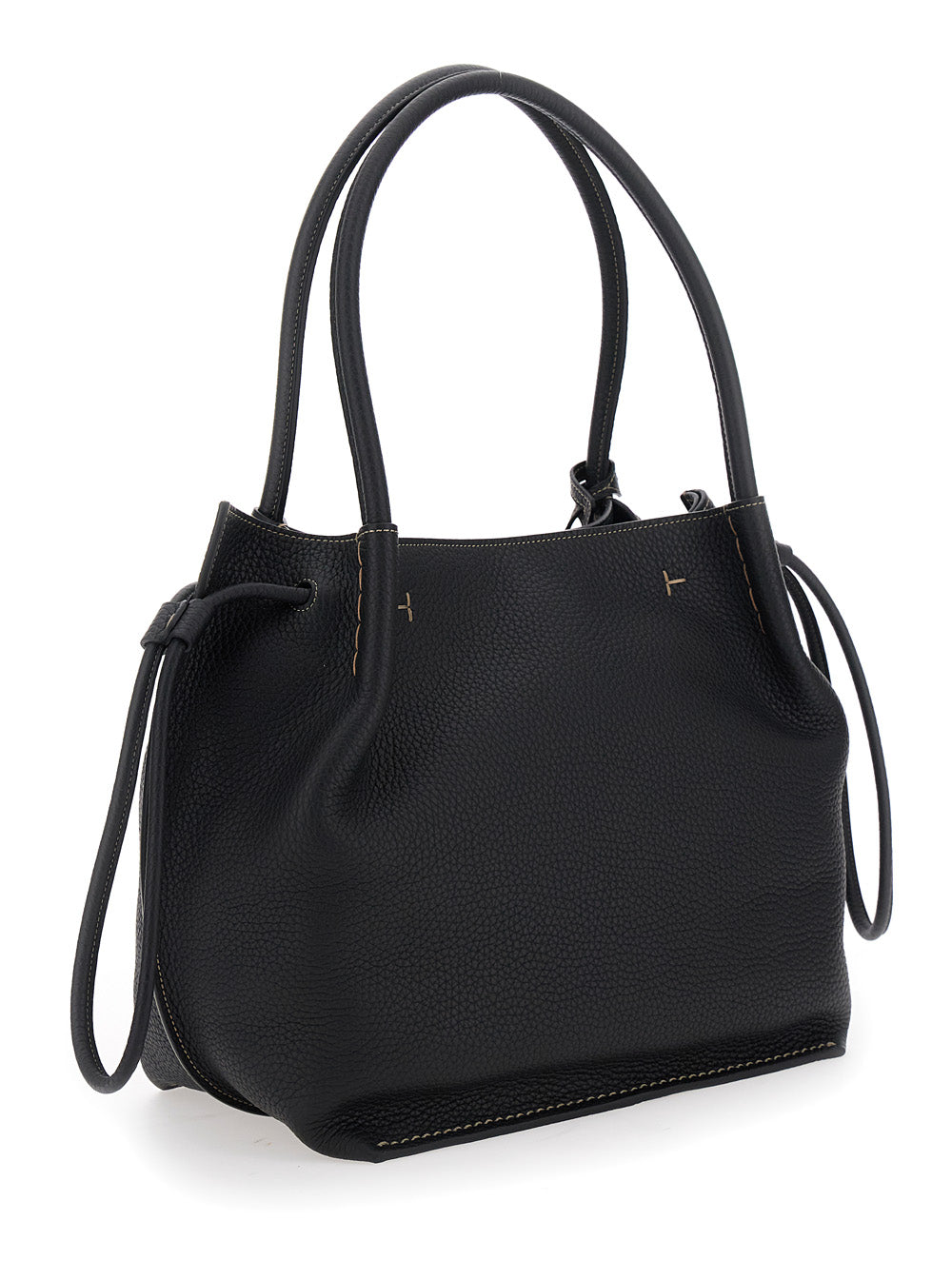 Tod's Women Black Shoulder Bag With Two Top Handles And Drawstring Closure In Grained Leather Woman