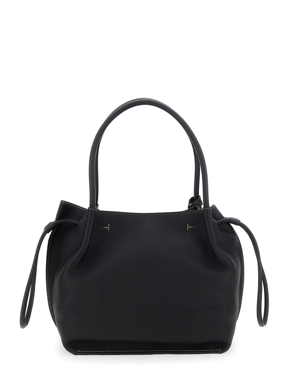Tod's Women Black Shoulder Bag With Two Top Handles And Drawstring Closure In Grained Leather Woman