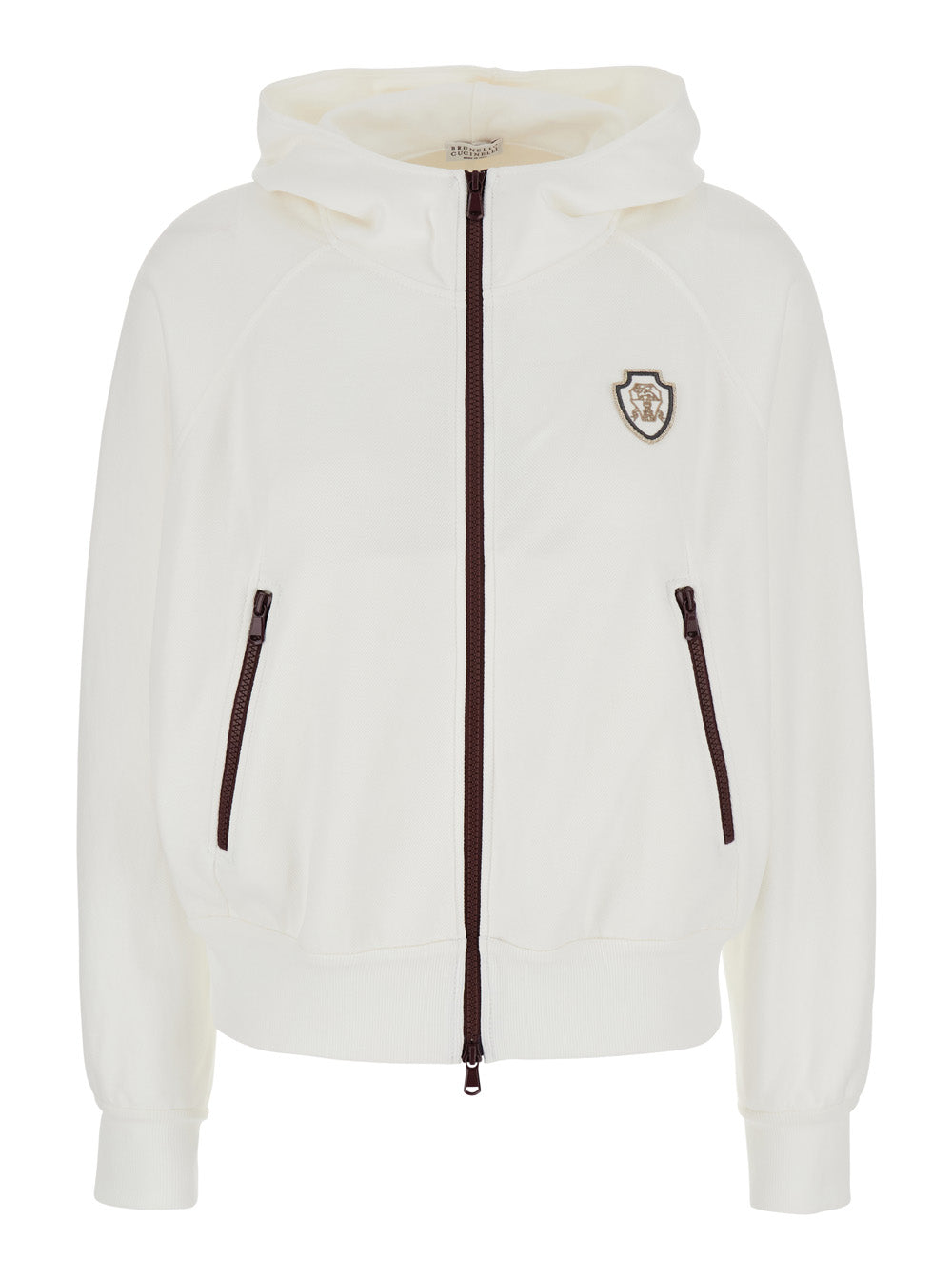 Brunello Cucinelli Women White Sweatshirt With Fixed Hood And Logo Patch On The Front In Cotton Blend Woman