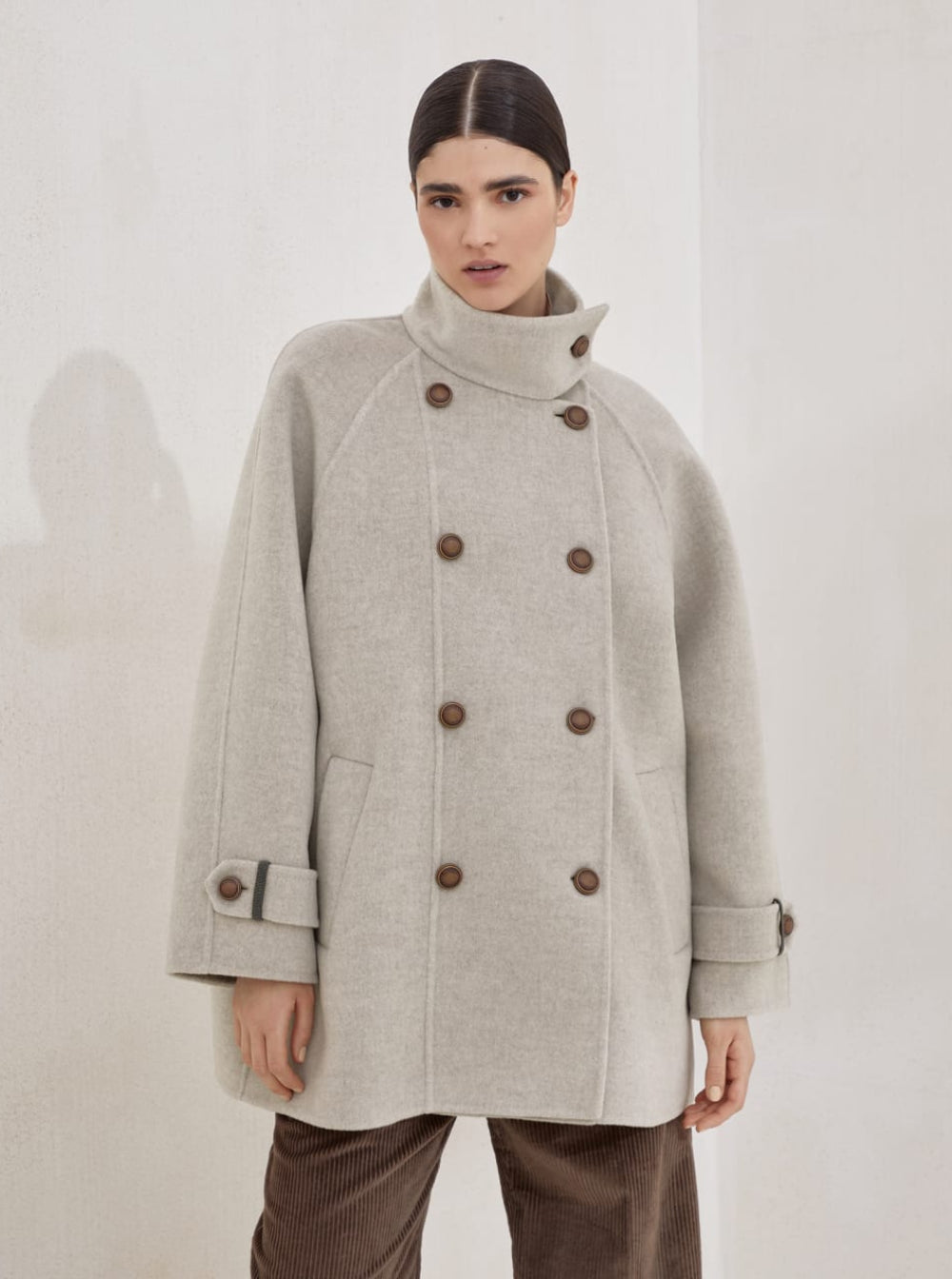 Brunello Cucinelli Women Beige Double-Breasted Coat With High Neck And Wooden Buttons In Wool And Cashmere Woman