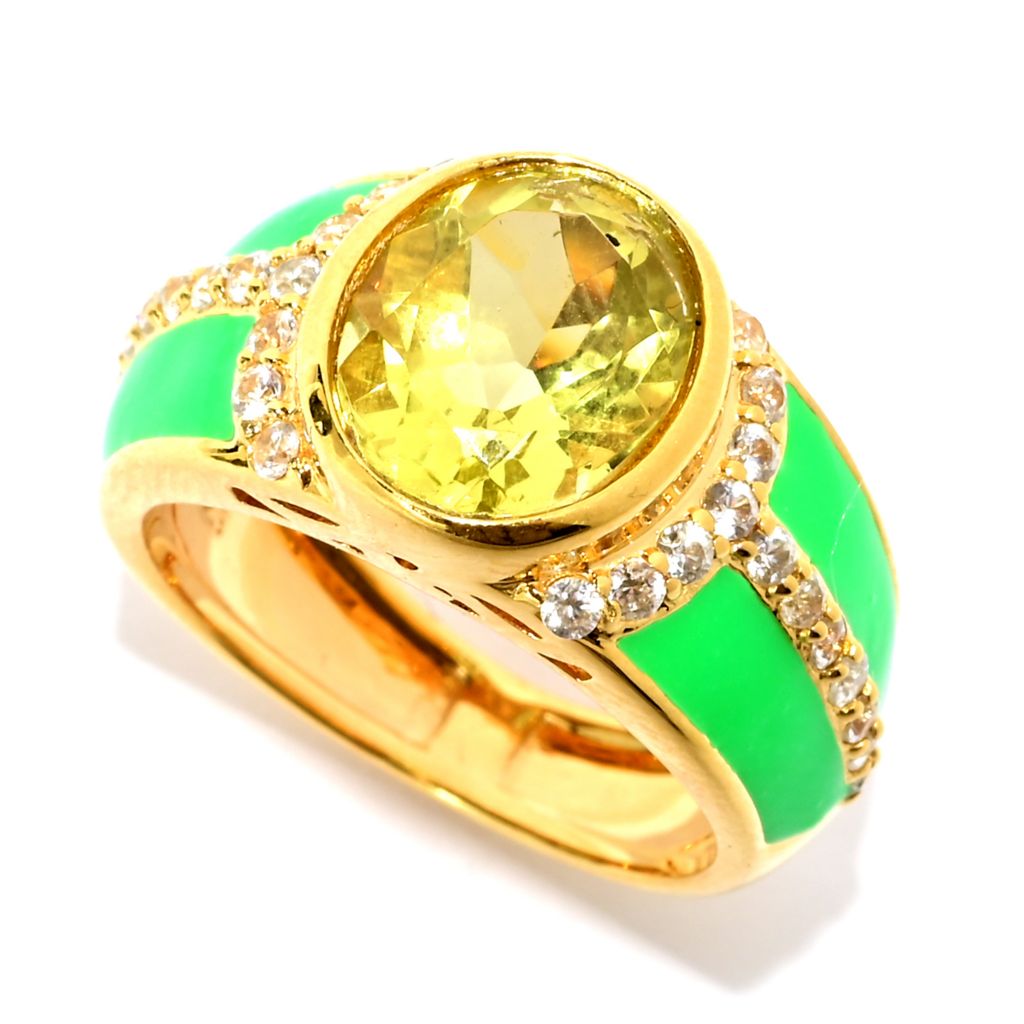 18K Gold Plated 10x8mm Choice of Gemstone & Zircon Halo Enamel Band Ring by Steals