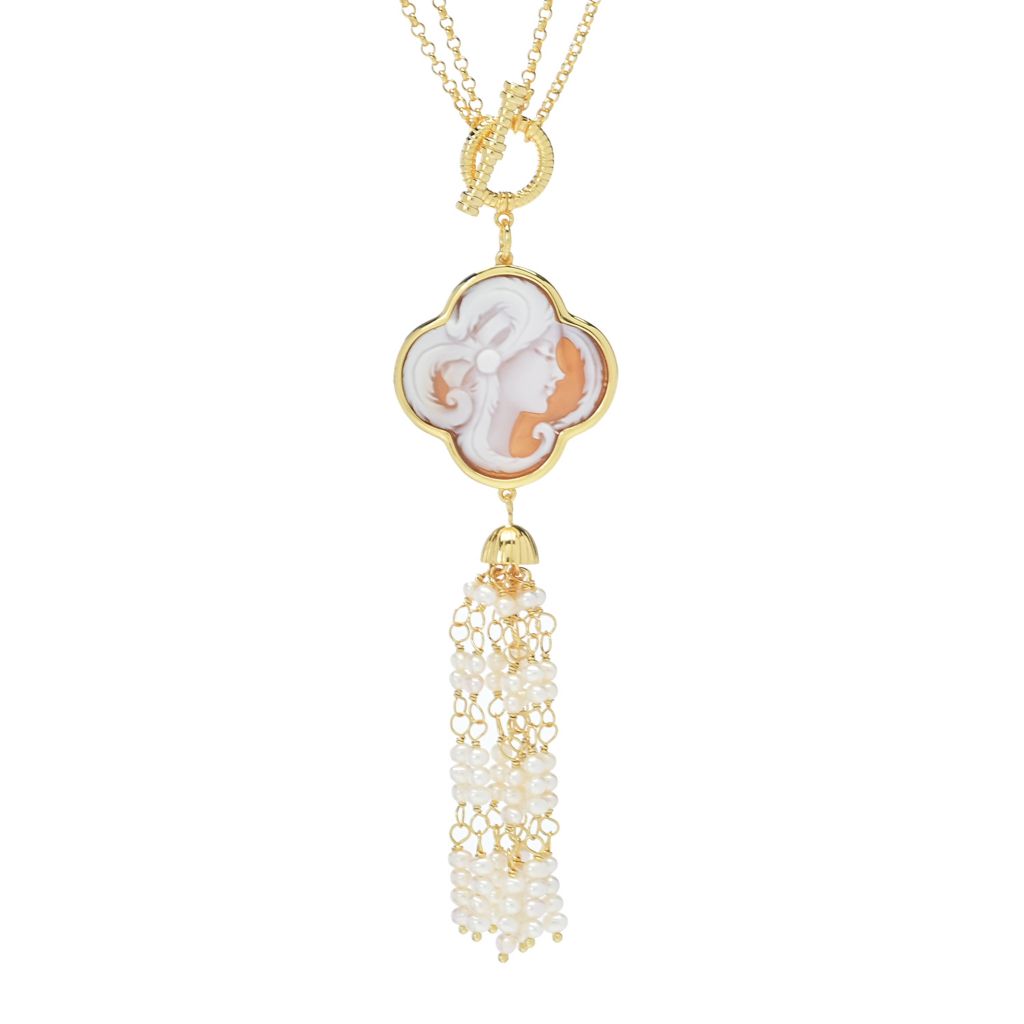 Cameo Italiano "Elysse" Portrait Shell Cameo & Cultured Pearl Tassel Necklace by Steals