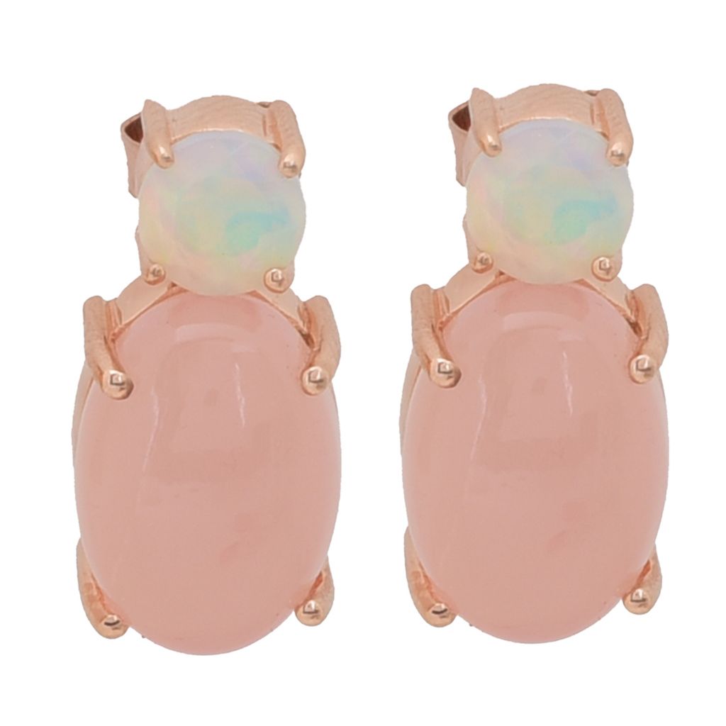 18K Gold Plated 14x10mm Oval Pink Chalcedony & Ethiopian Opal Drop Earrings by Steals