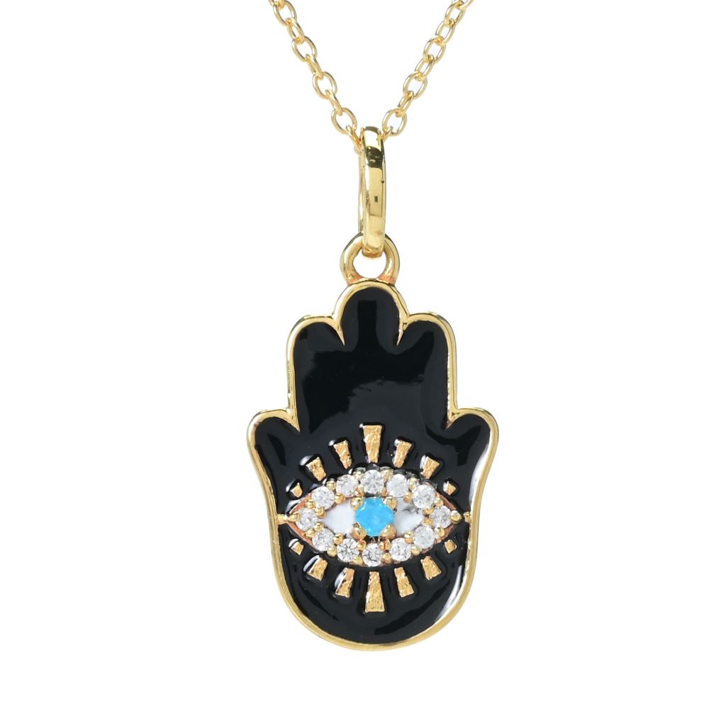 18K Gold Plated 0.19ctw Neon Apatite, Zircon & Enamel Hamsa Pendant w/ Chain by Steals