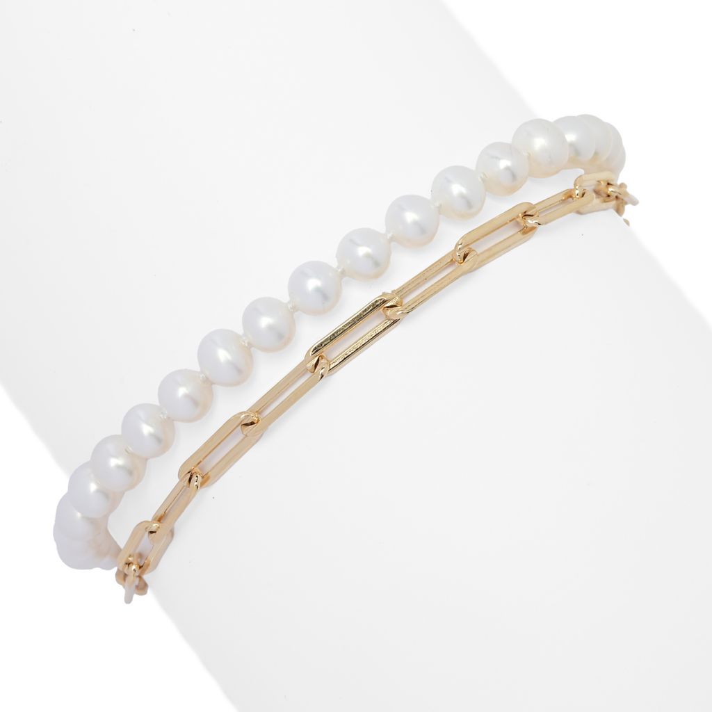 Imperial Pearl Freshwater Cultured Pearl & Paperclip Chain 2-Row Bracelet by Steals
