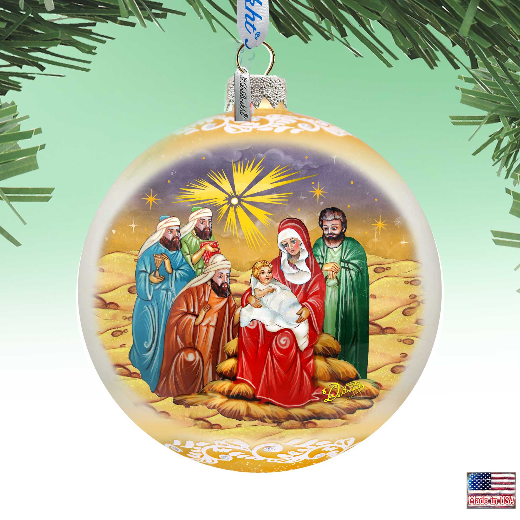 Holy Family and Three Kings Lg Glass Ornament in Gold by G.DeBrekht - Christmas Decor - 73920G