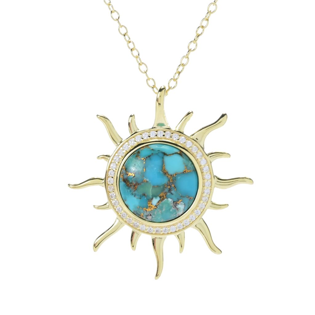 Elemental Gems 12mm Blue Copper Turquoise & Zircon Sun Pendant by Steals